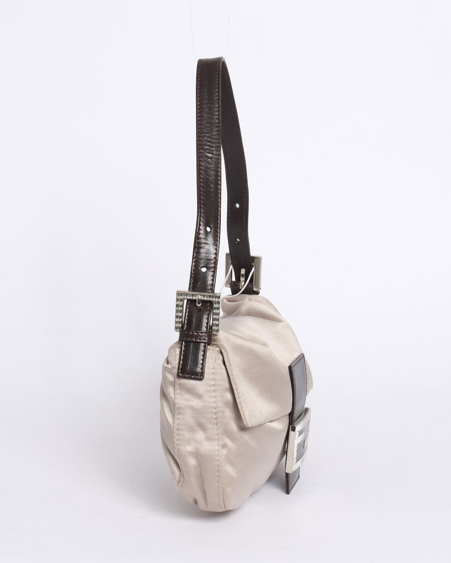 Fendi Champagne Satin & Leather Rhinestone Baguette Shoulder Bag