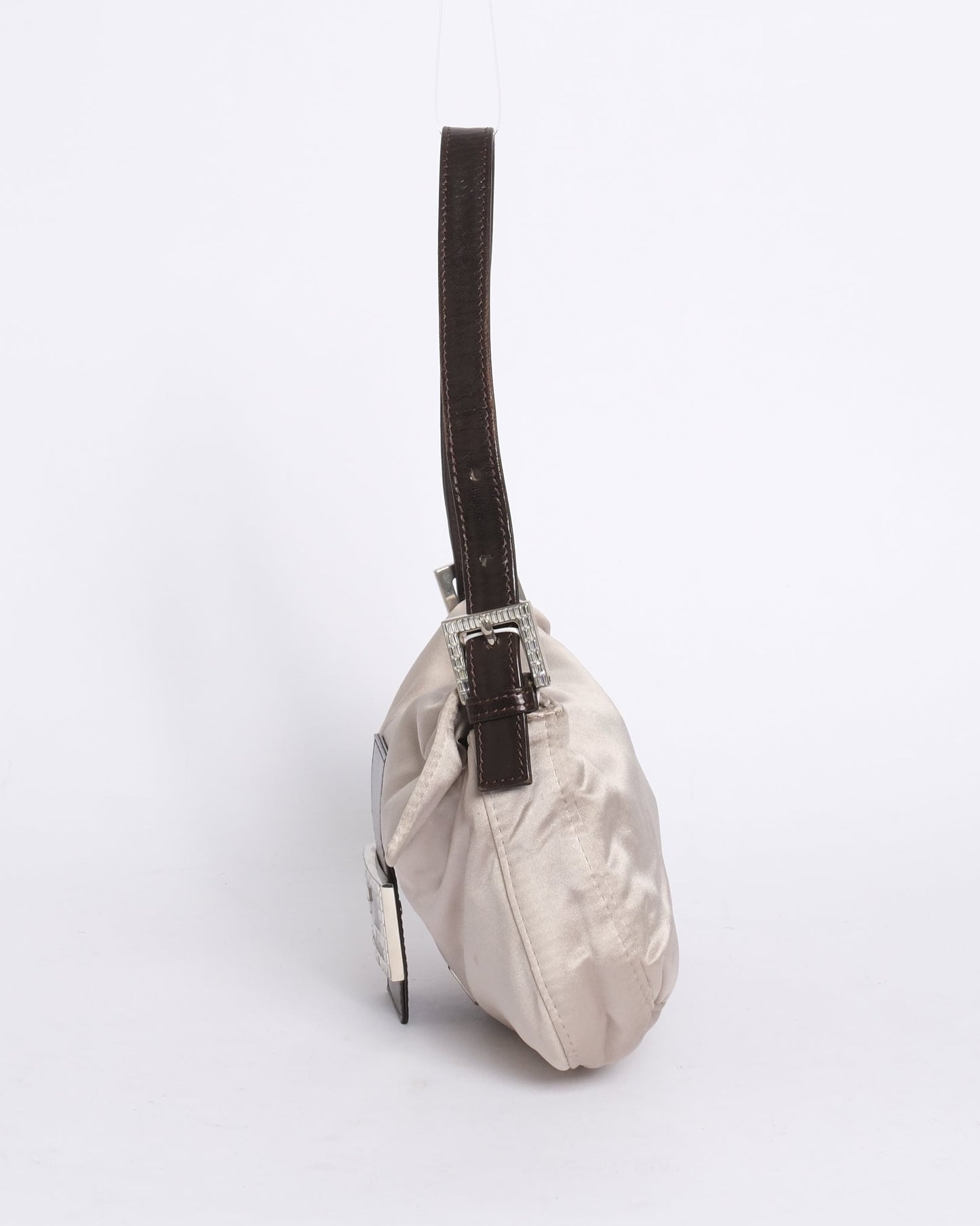 Fendi Champagne Satin & Leather Rhinestone Baguette Shoulder Bag