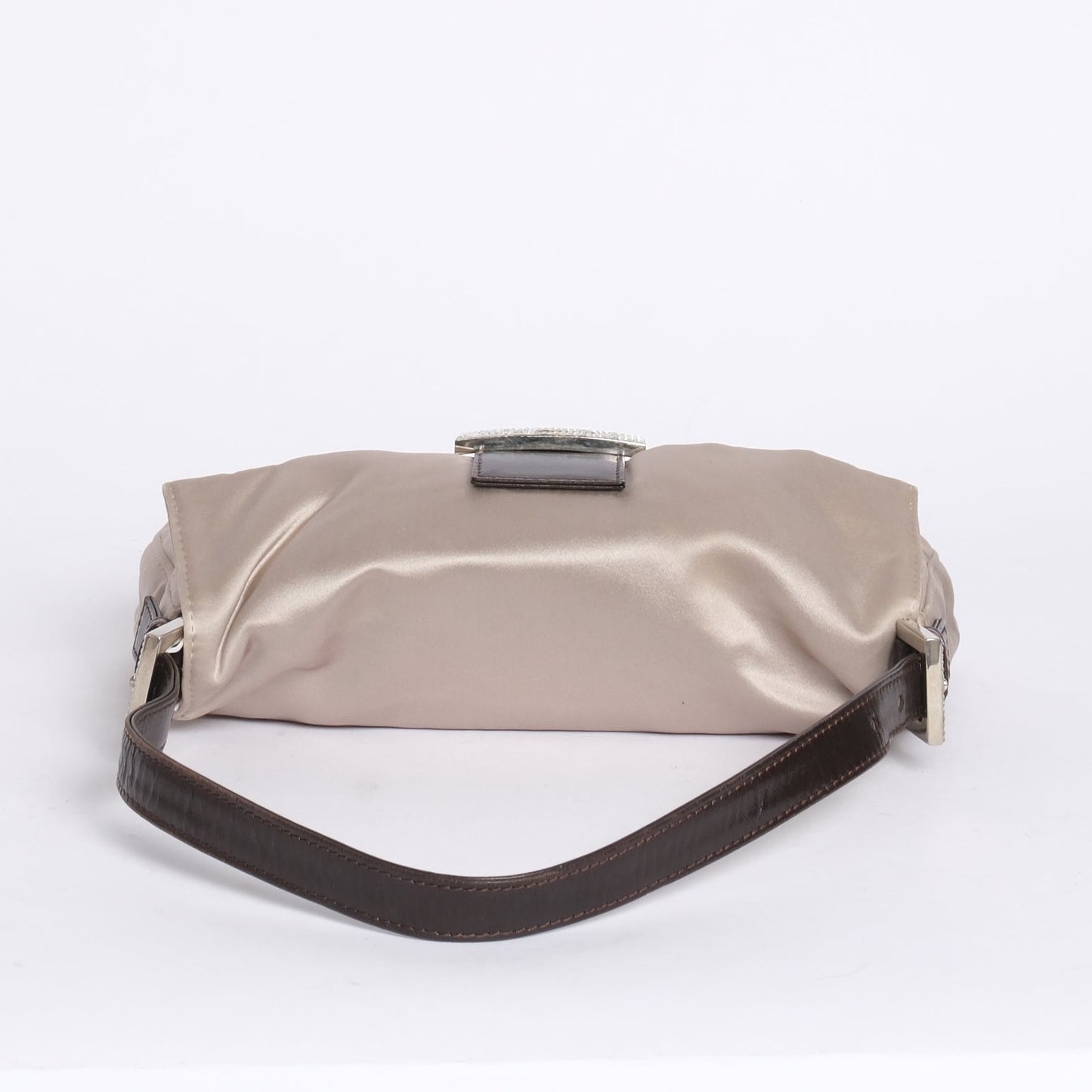 Fendi Champagne Satin & Leather Rhinestone Baguette Shoulder Bag