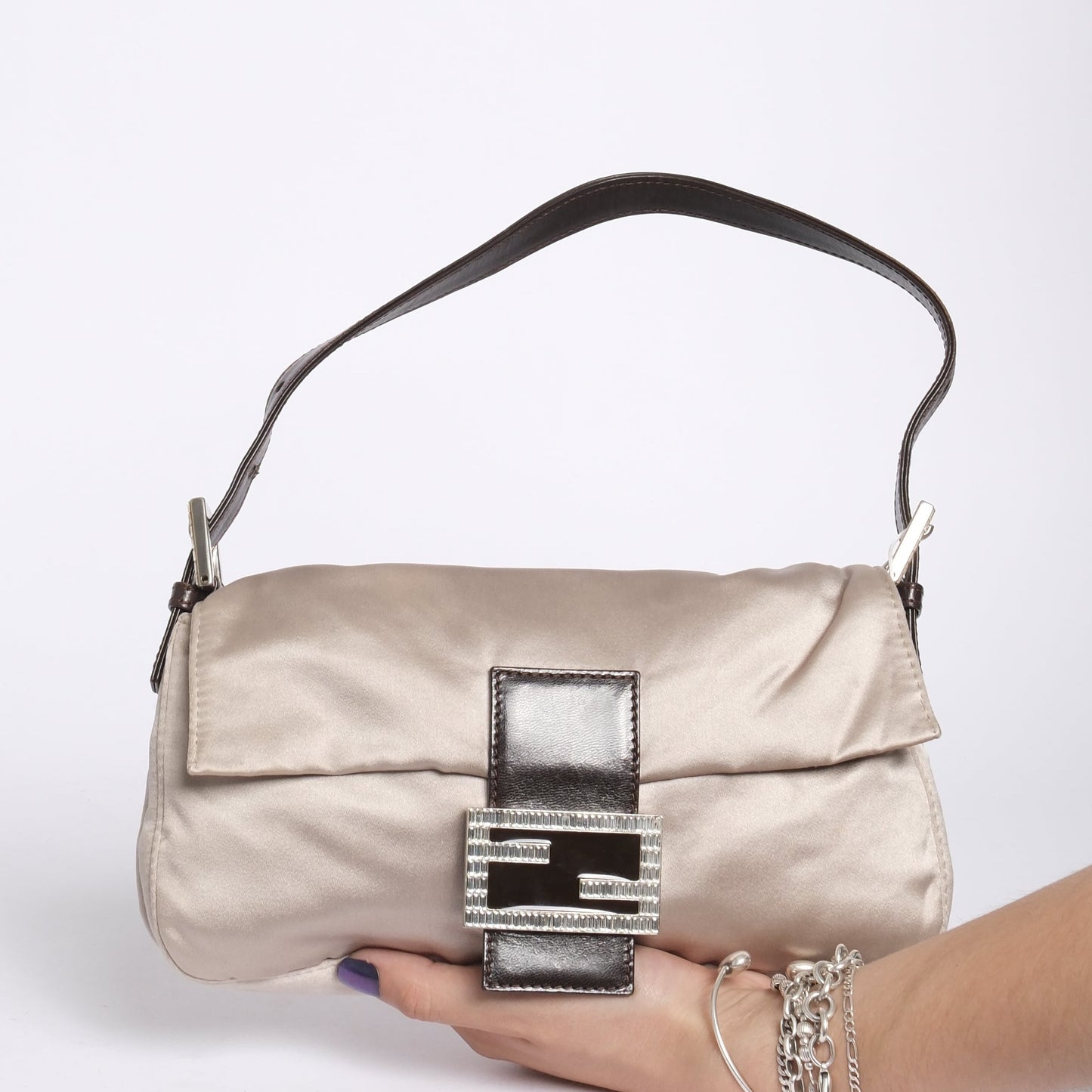 Fendi Champagne Satin & Leather Rhinestone Baguette Shoulder Bag