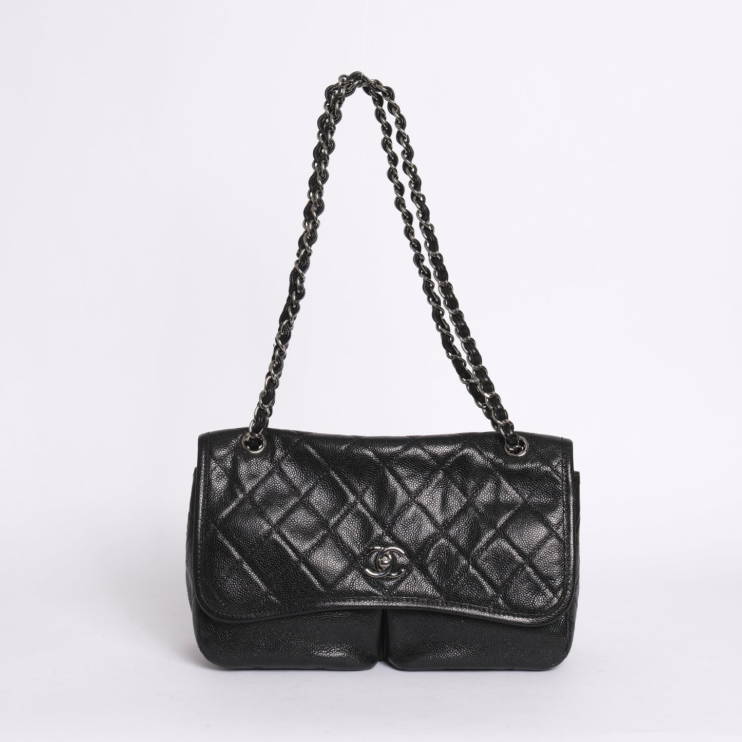 Chanel Black Caviar Leather Split Pocket Flap