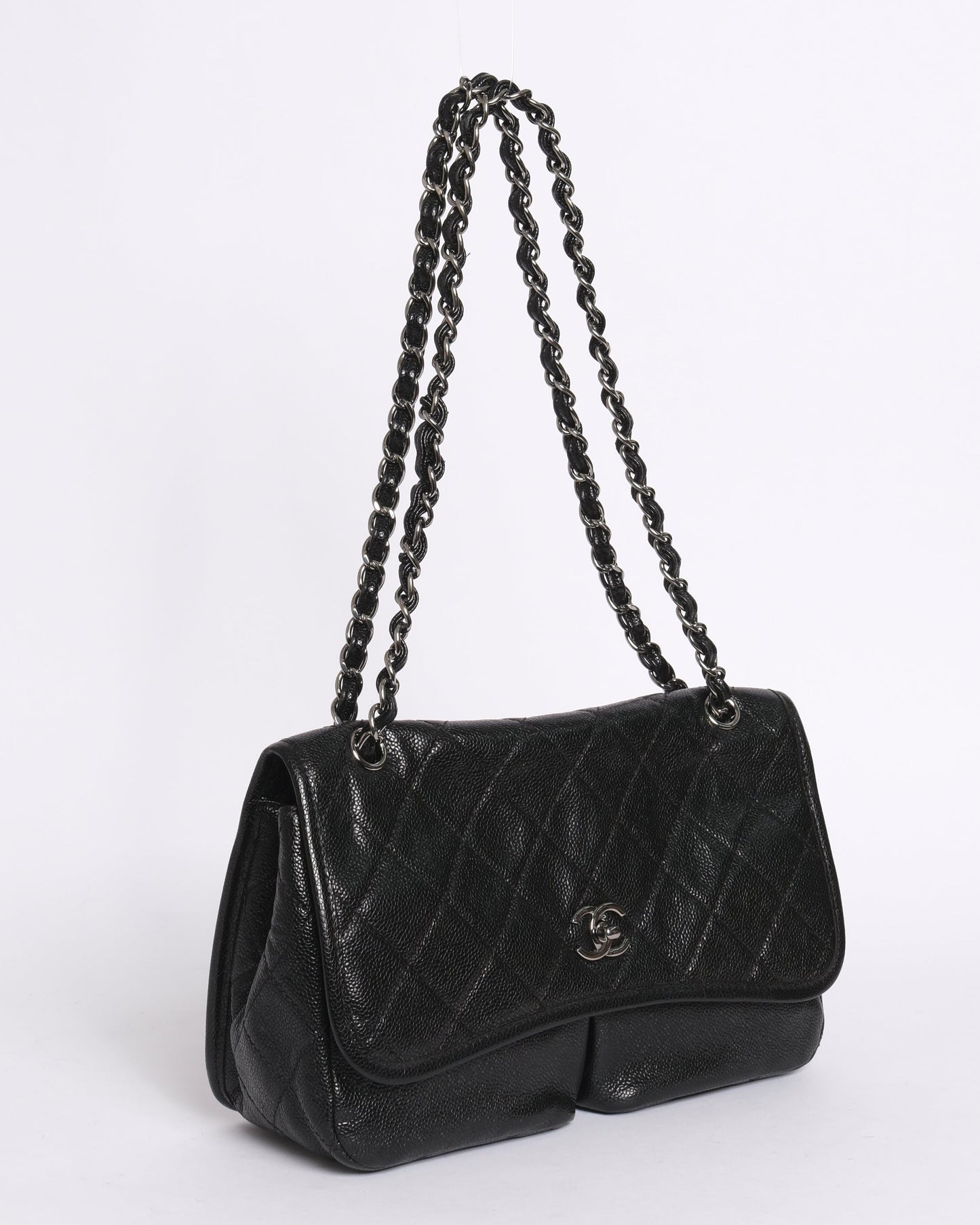 Chanel Black Caviar Leather Split Pocket Flap