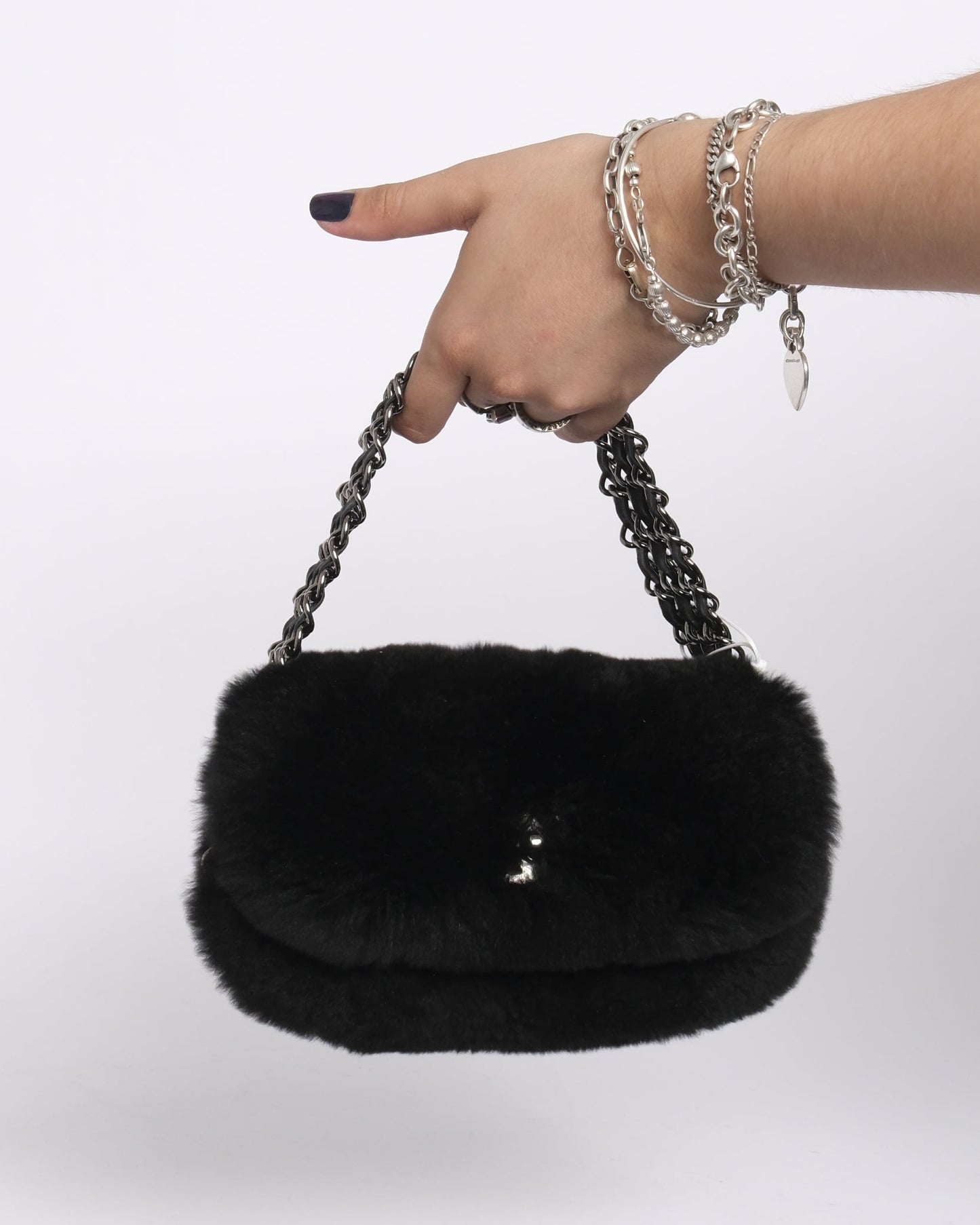 Chanel Black Rabbit Fur 3 Chain Flap