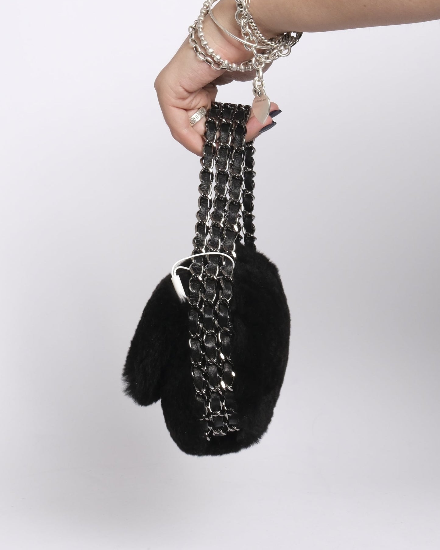 Chanel Black Rabbit Fur 3 Chain Flap
