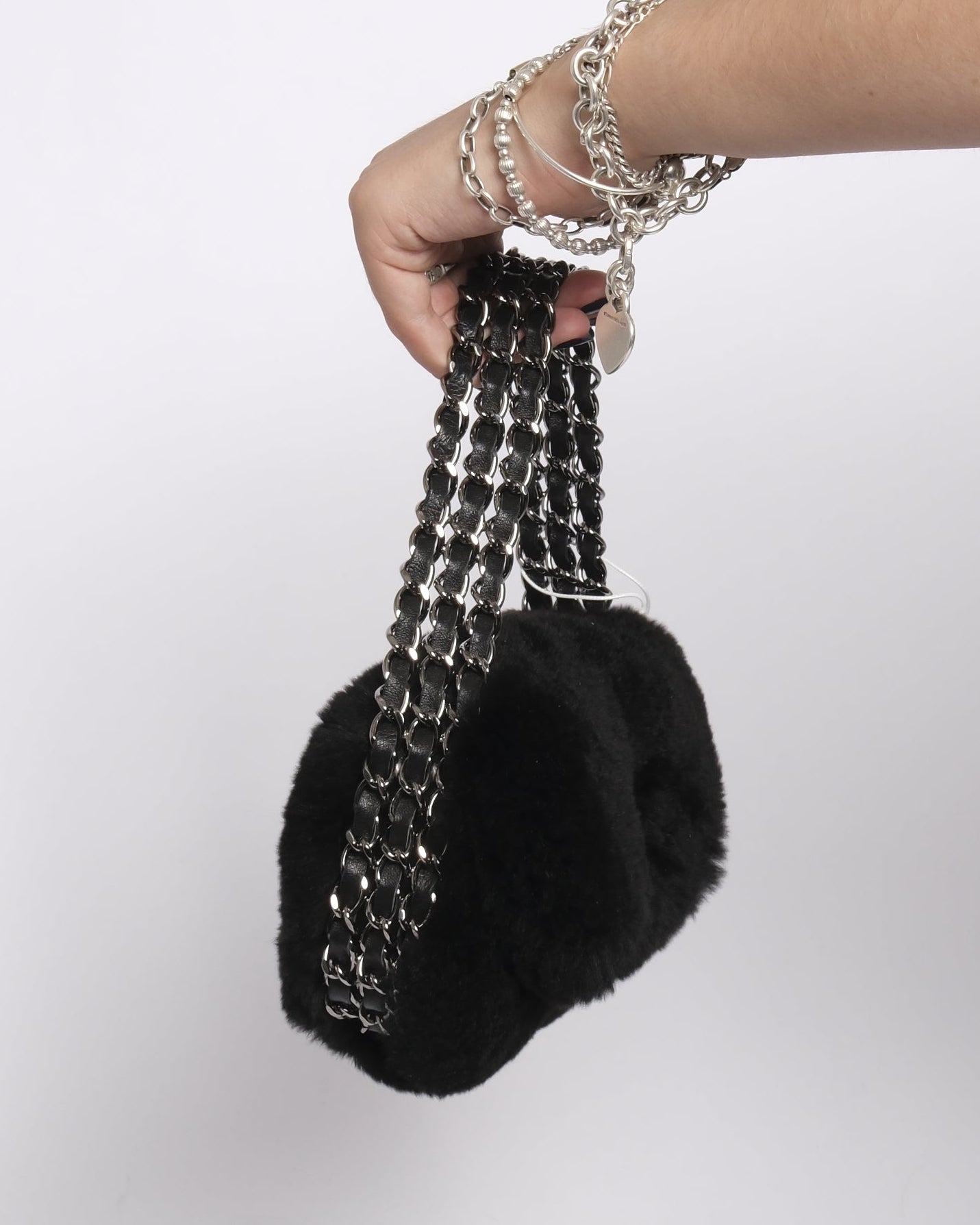 Chanel Black Rabbit Fur 3 Chain Flap