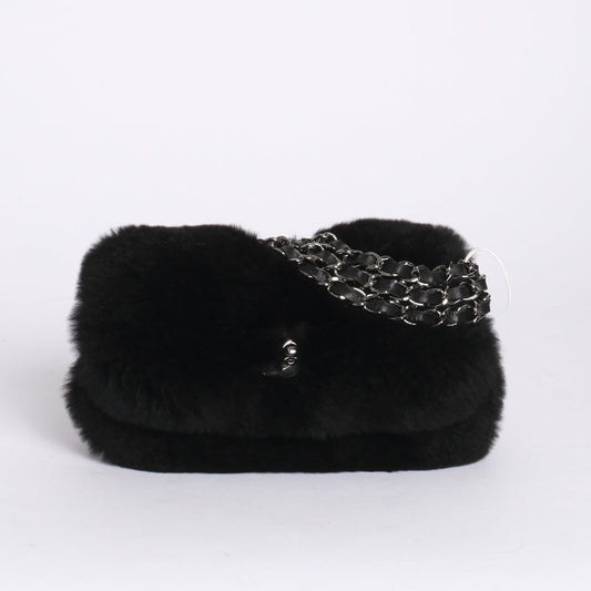 Chanel Black Rabbit Fur 3 Chain Flap