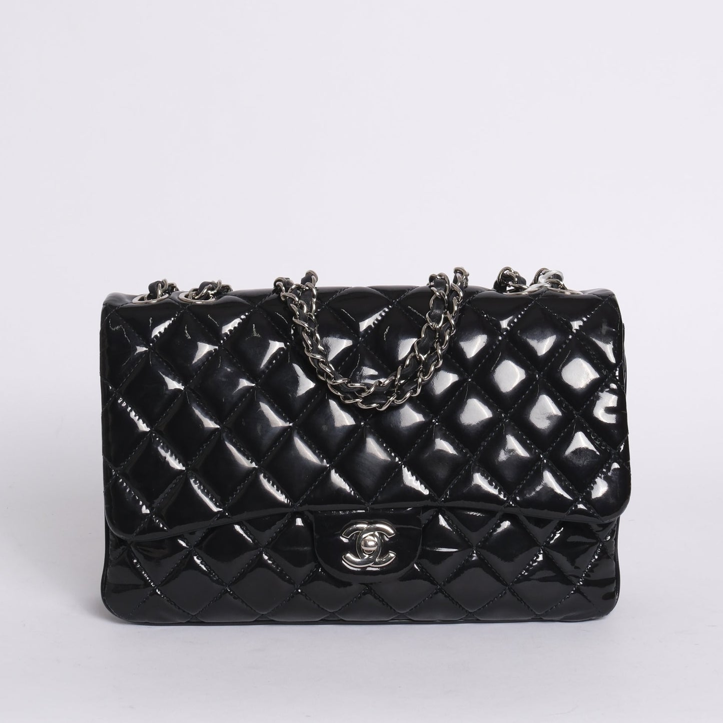 Chanel Navy Patent Leather Quilted Accordion Flap SHW