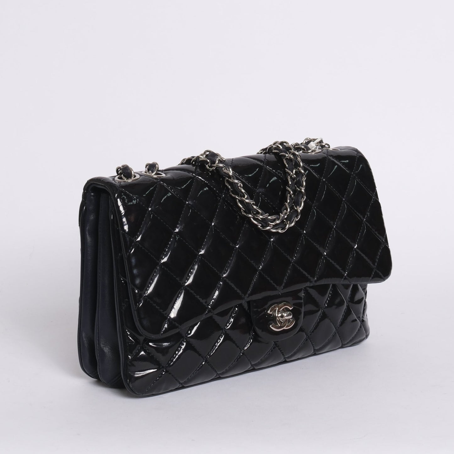 Chanel Navy Patent Leather Quilted Accordion Flap SHW