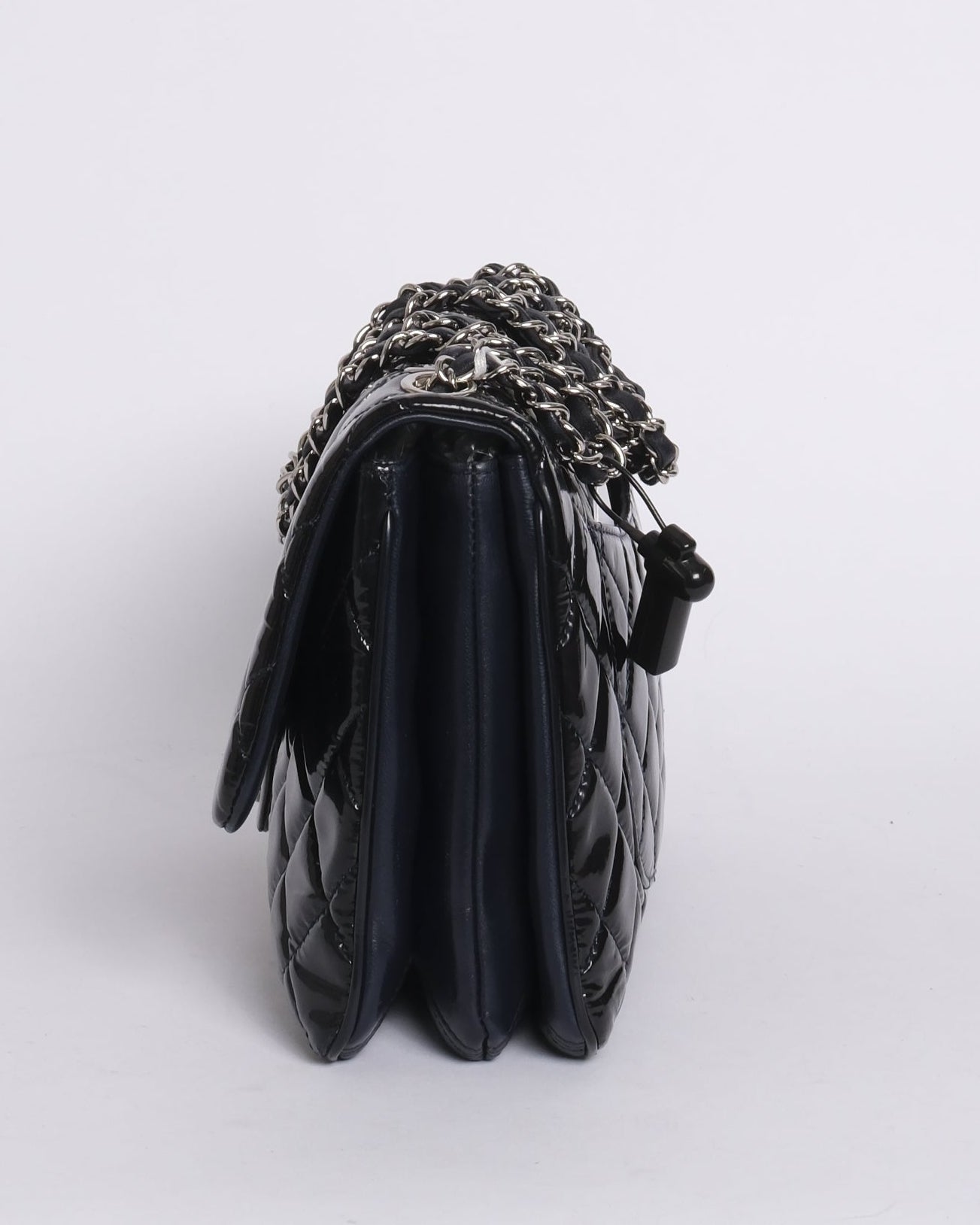 Chanel Navy Patent Leather Quilted Accordion Flap SHW