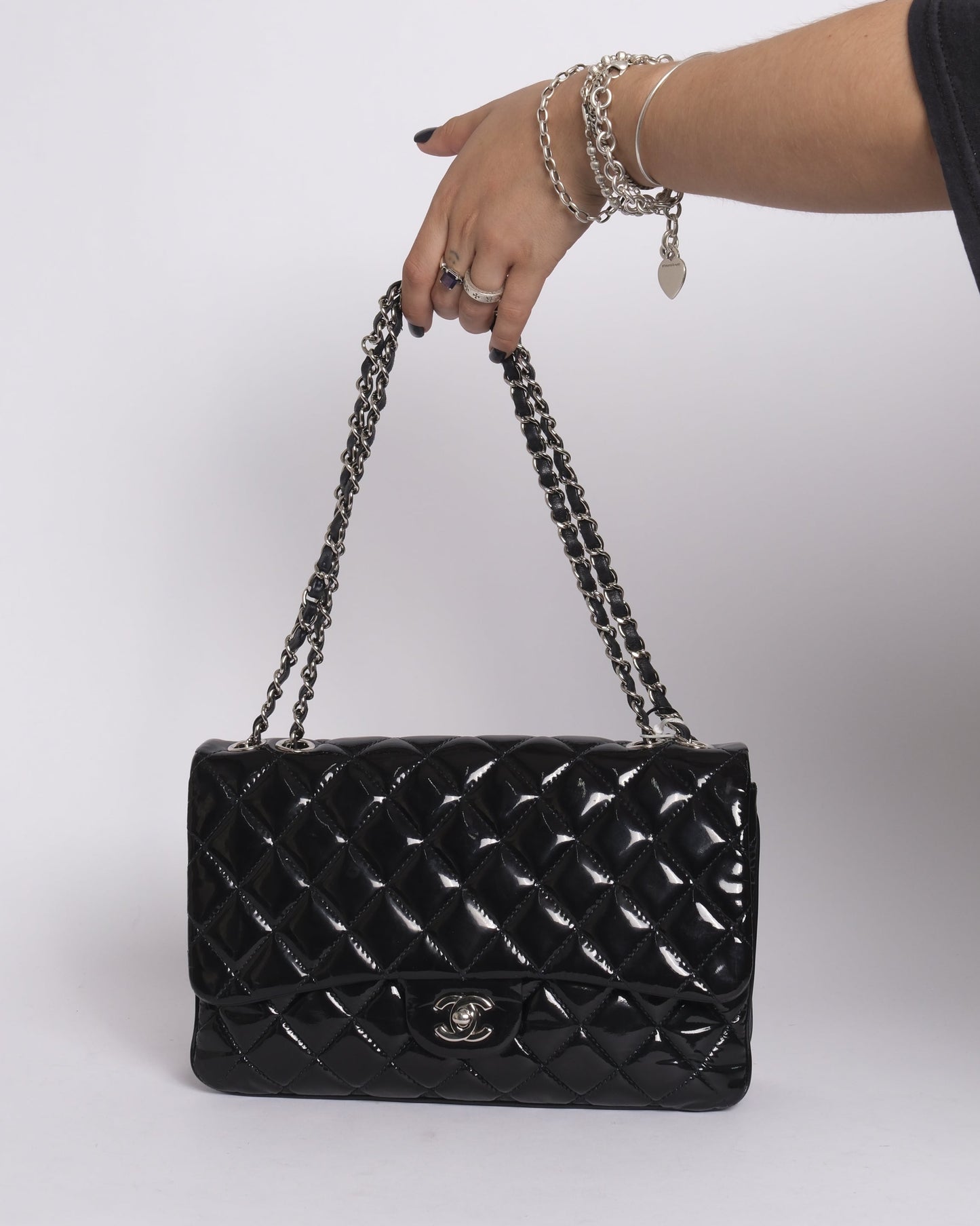 Chanel Navy Patent Leather Quilted Accordion Flap SHW