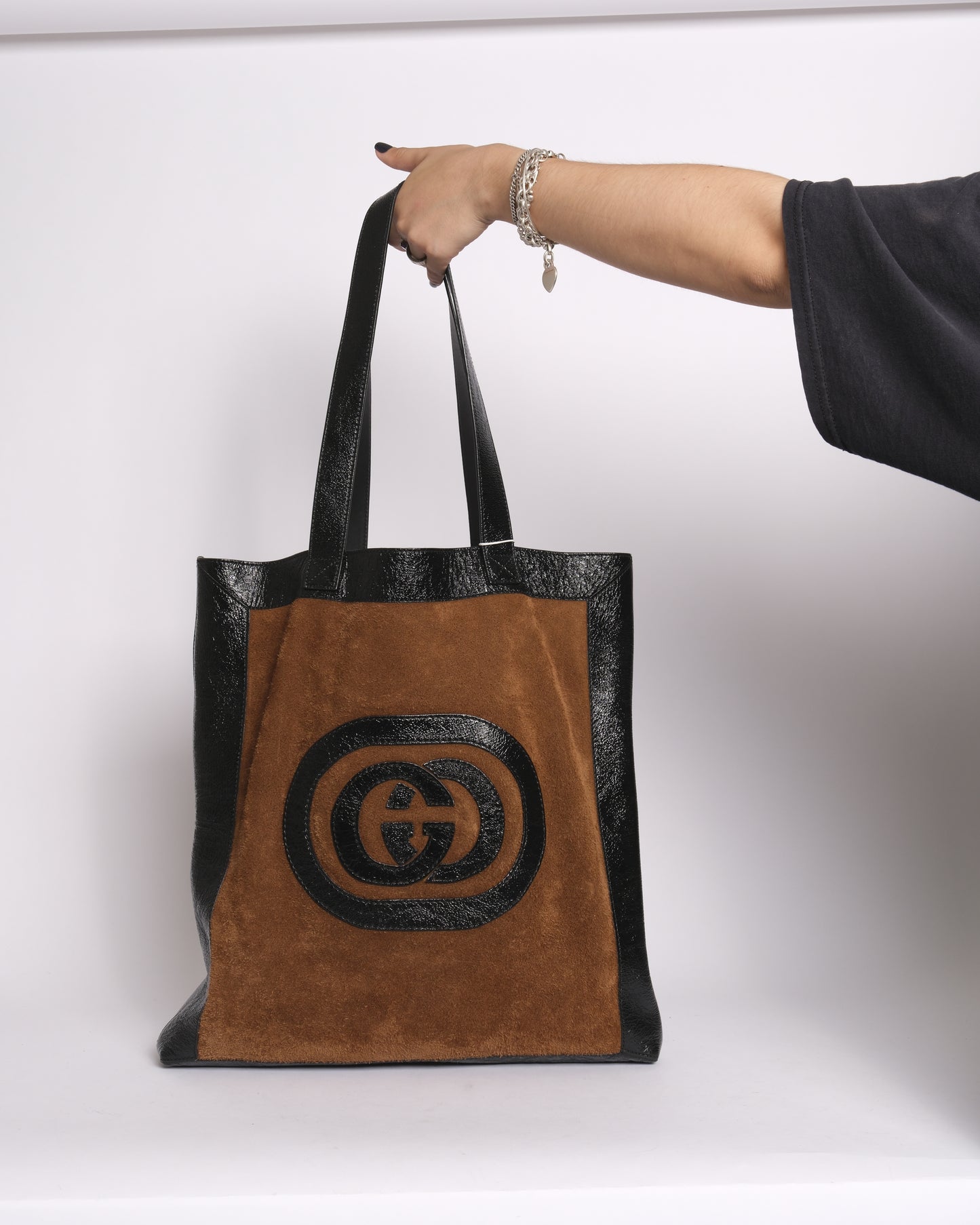 Gucci Ophidia Brown & Black Suede Patent Leather Jumbo Shopping Tote