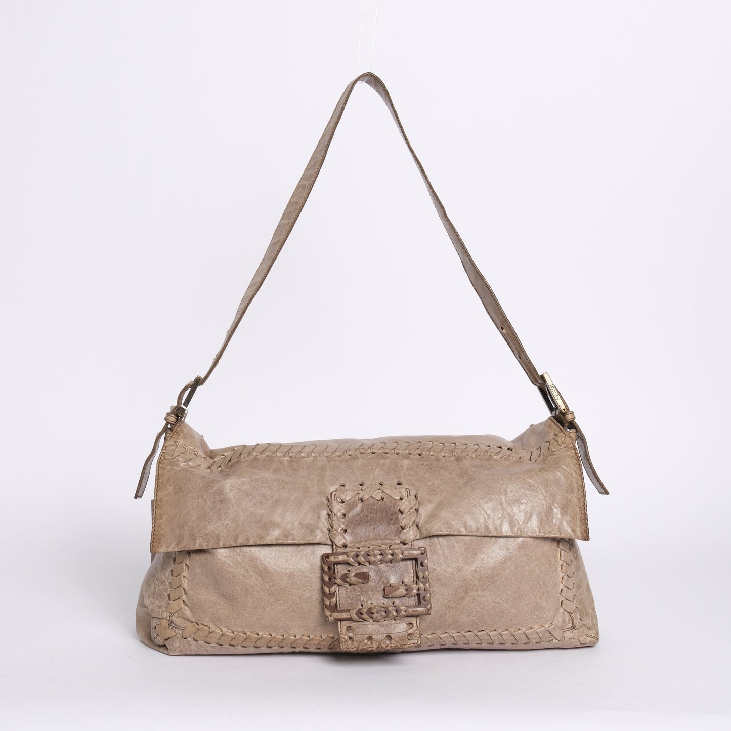 Fendi Beige Leather Maxi Whipstitch Large Baguette Shoulder Bag