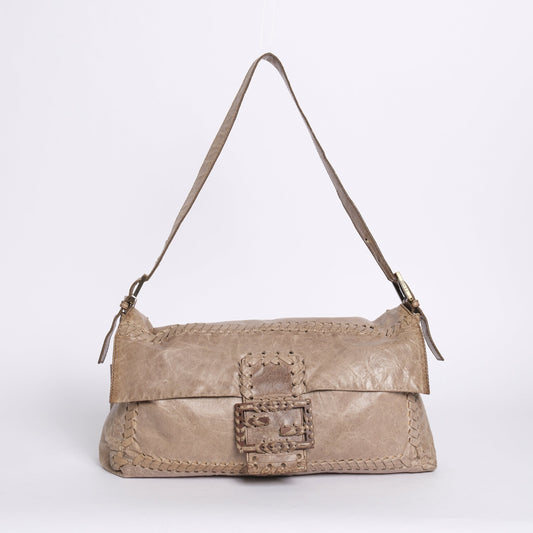 Fendi Beige Leather Maxi Whipstitch Large Baguette Shoulder Bag