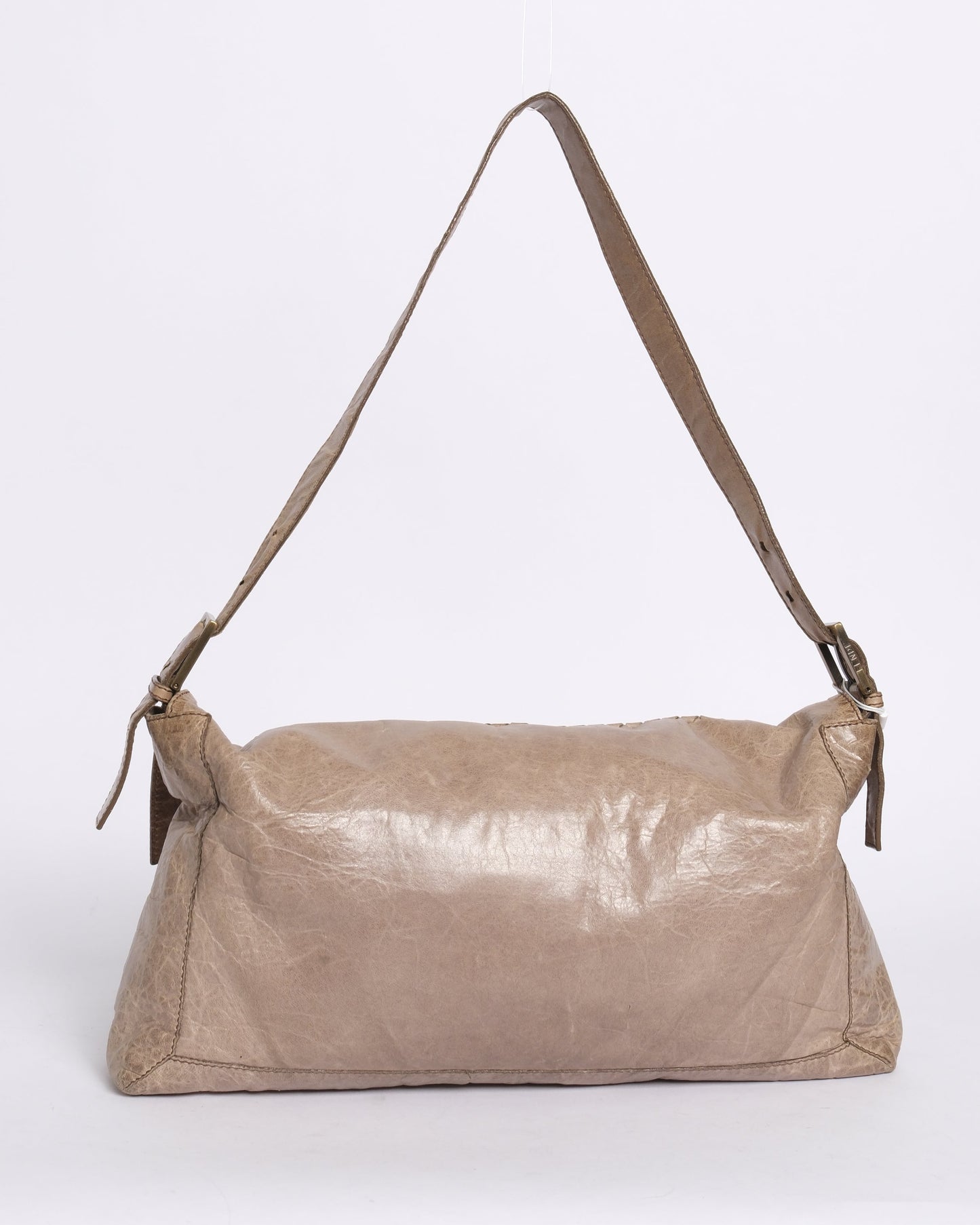 Fendi Beige Leather Maxi Whipstitch Large Baguette Shoulder Bag