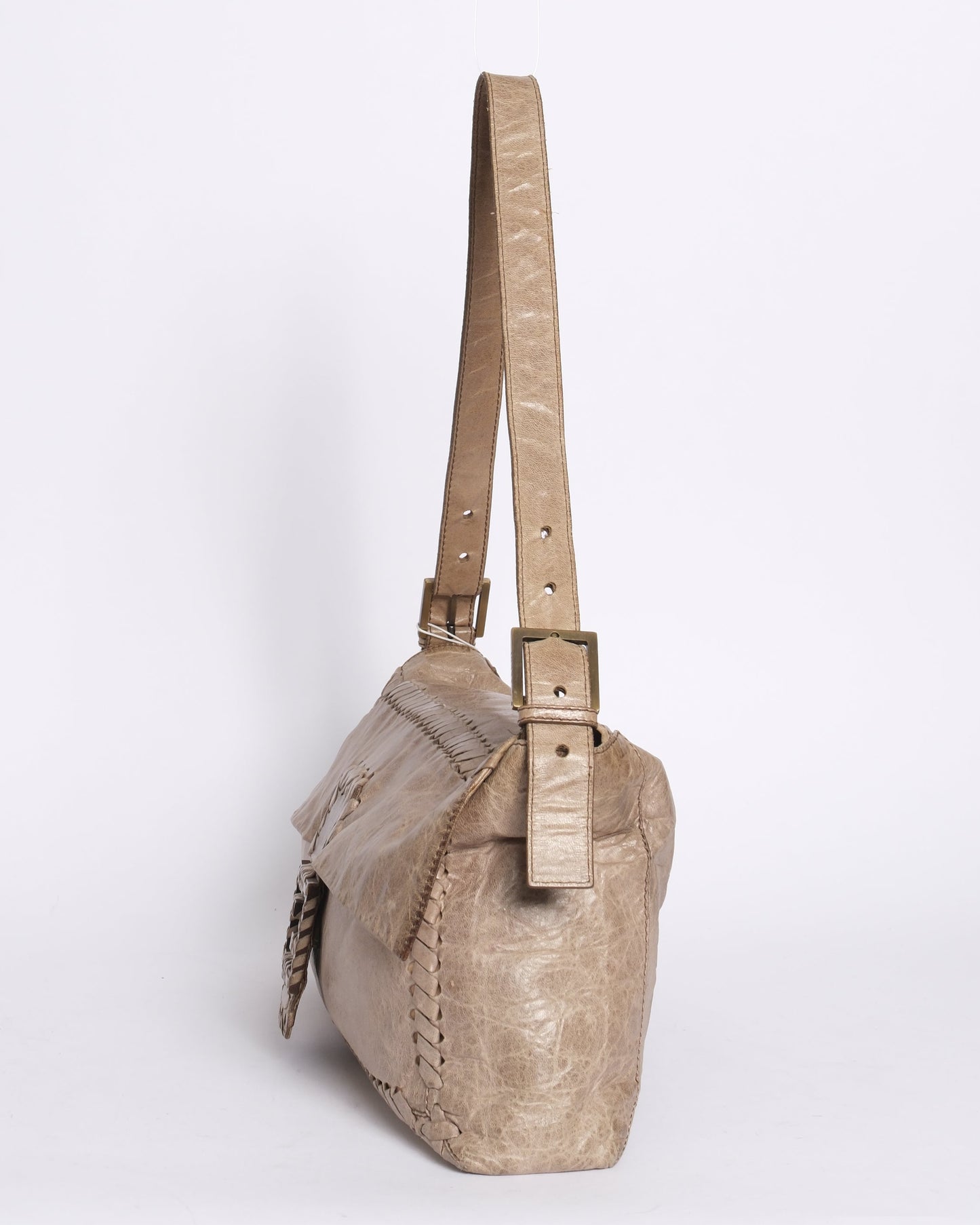 Fendi Beige Leather Maxi Whipstitch Large Baguette Shoulder Bag