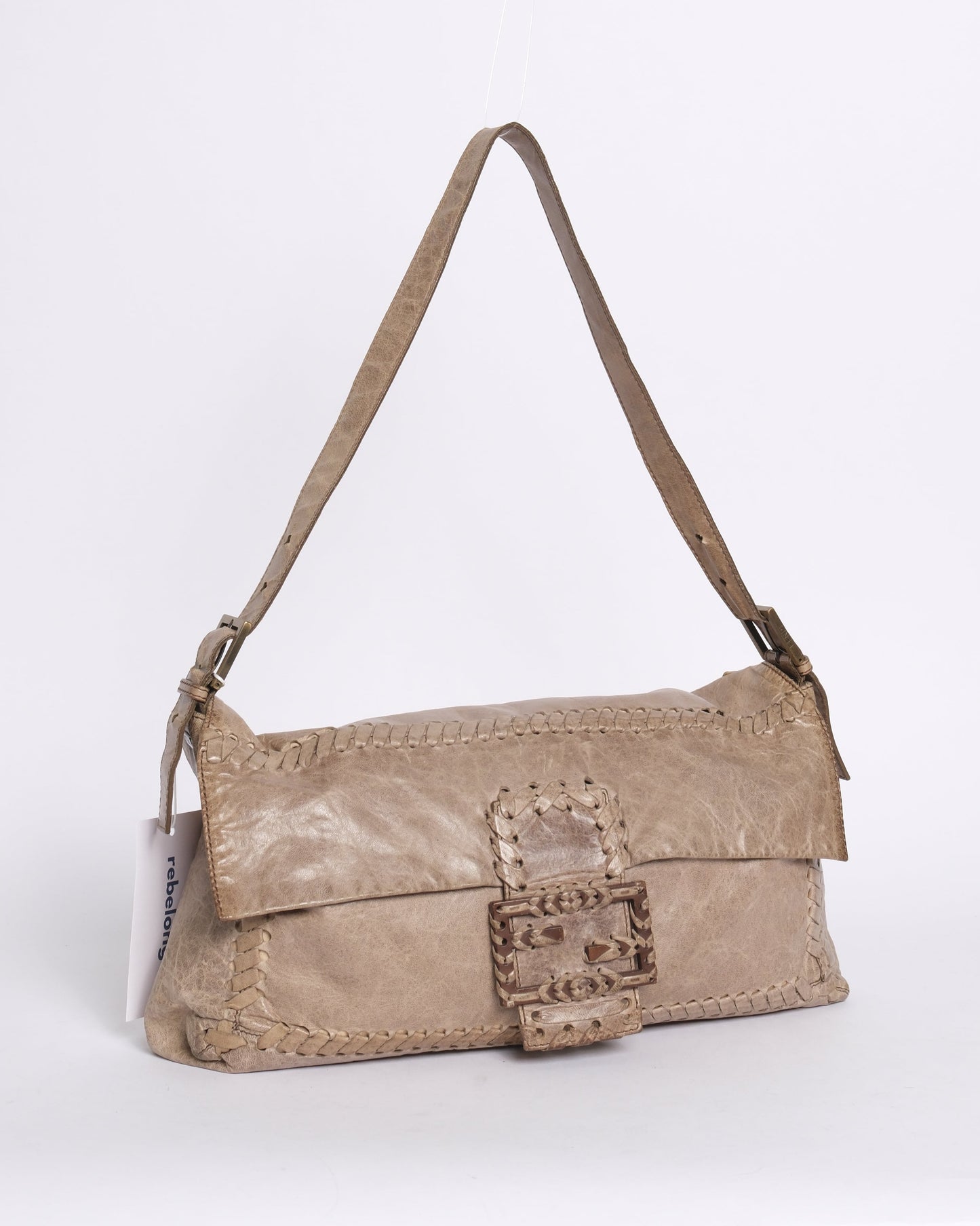 Fendi Beige Leather Maxi Whipstitch Large Baguette Shoulder Bag