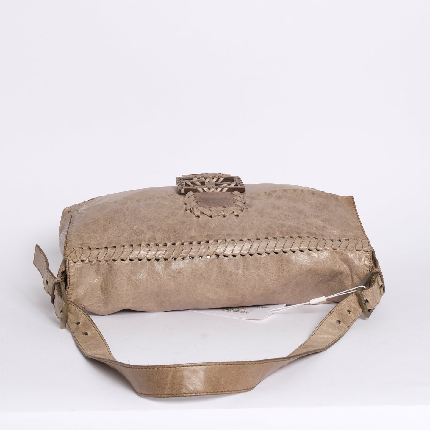 Fendi Beige Leather Maxi Whipstitch Large Baguette Shoulder Bag