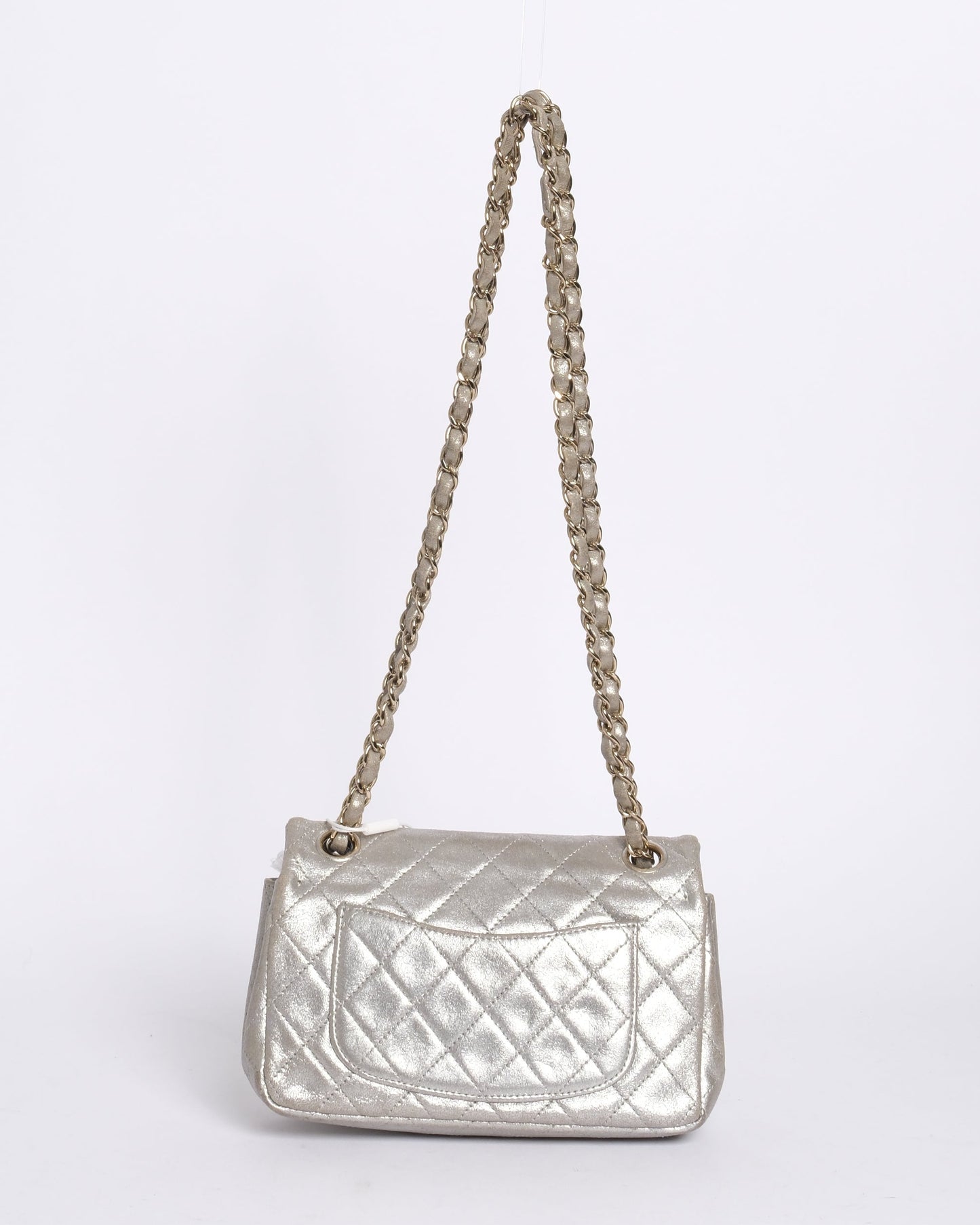 Chanel Silver Metallic Lambskin Leather Quilted Small Flap GHW