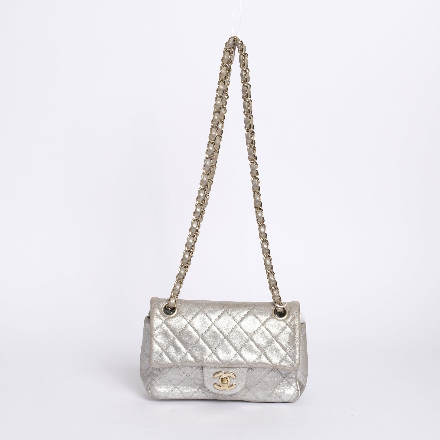 Chanel Silver Metallic Lambskin Leather Quilted Small Flap GHW