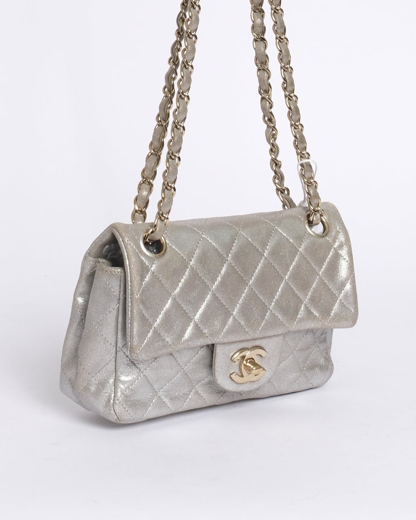 Chanel Silver Metallic Lambskin Leather Quilted Small Flap GHW