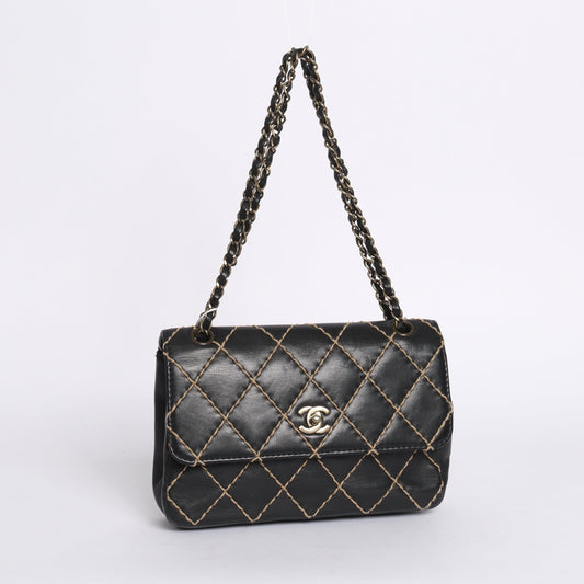Chanel Black Calfskin Leather Wild Stitch Quilted Flap SHW