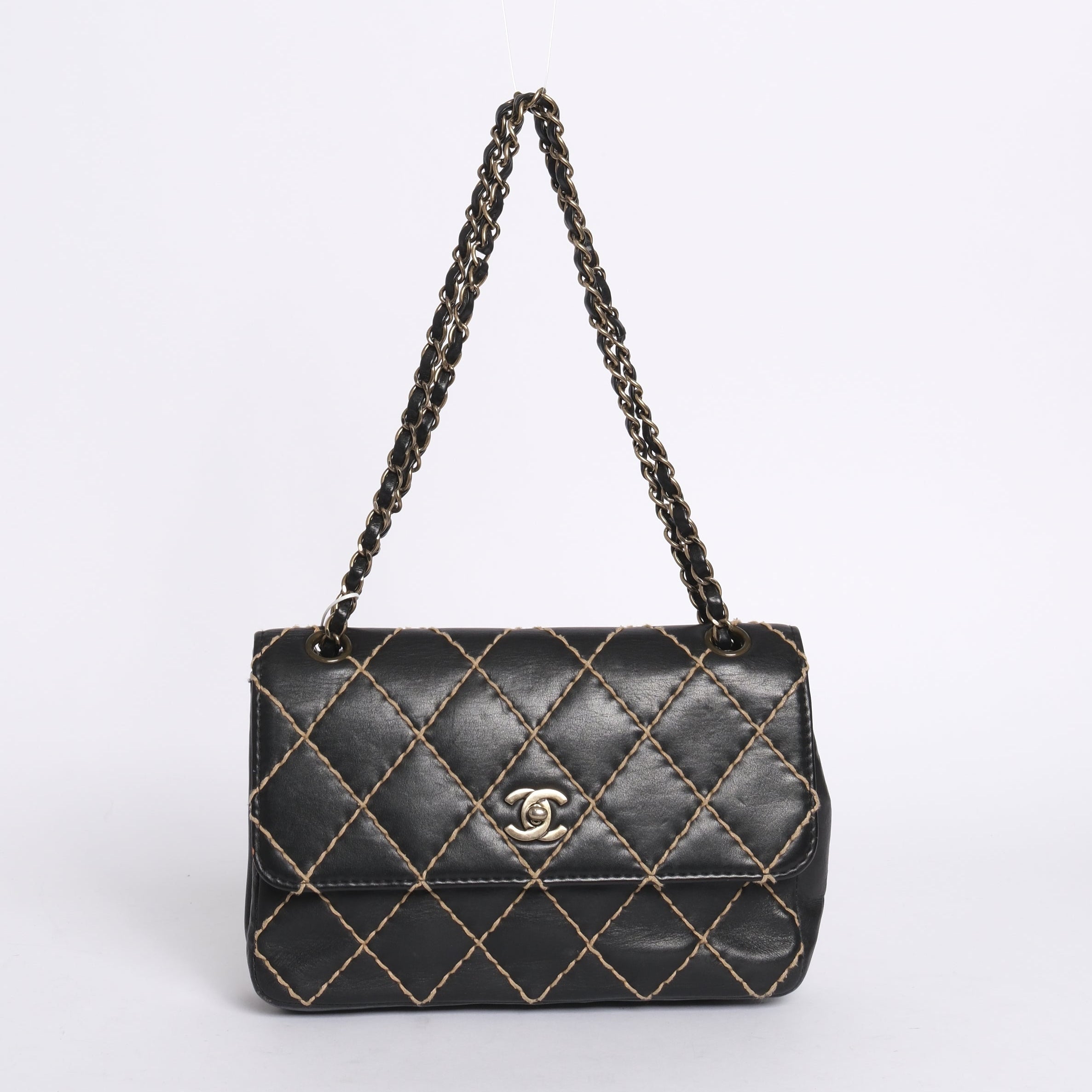 Chanel Black Calfskin Leather Wild Stitch Quilted Flap SHW