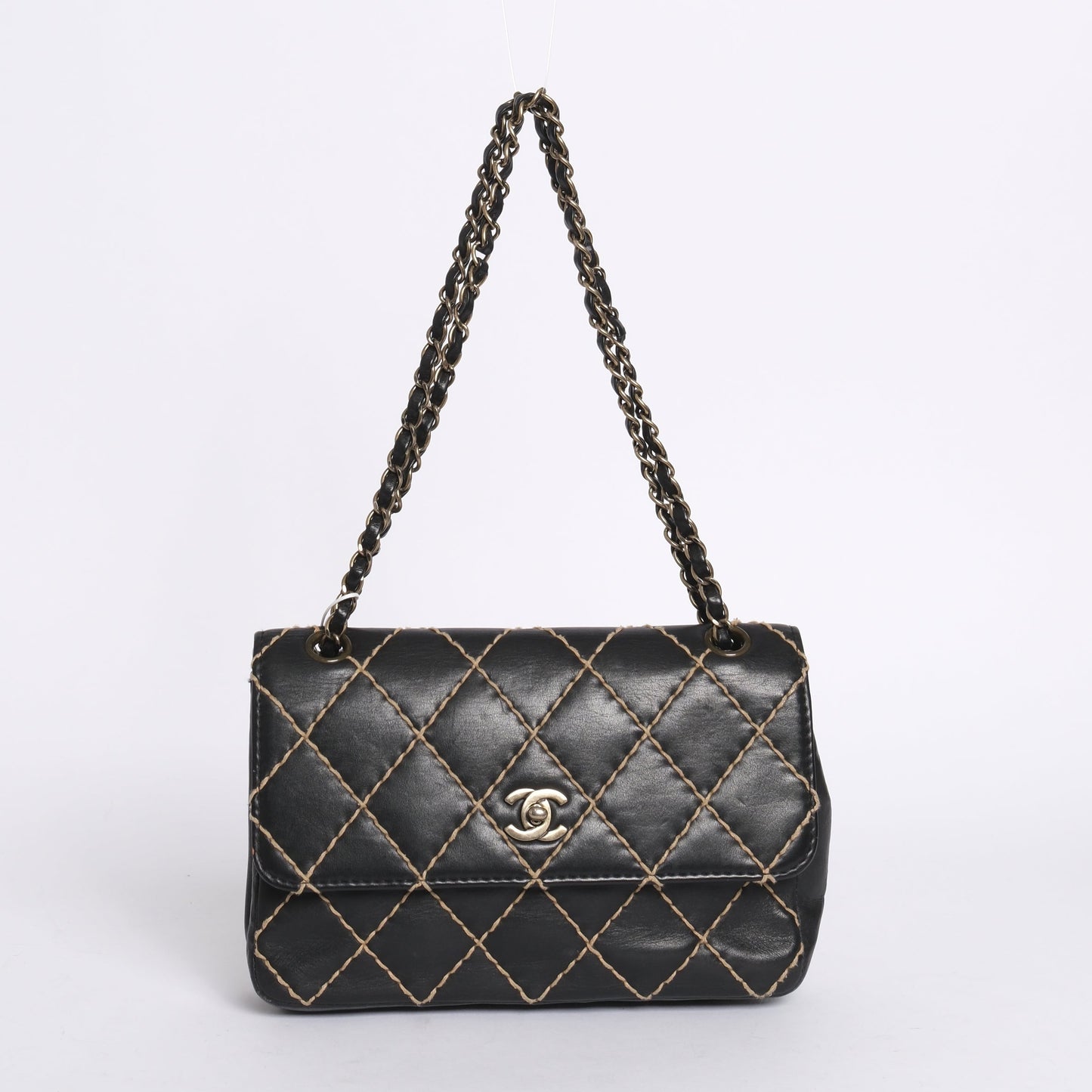 Chanel Black Calfskin Leather Wild Stitch Quilted Flap SHW