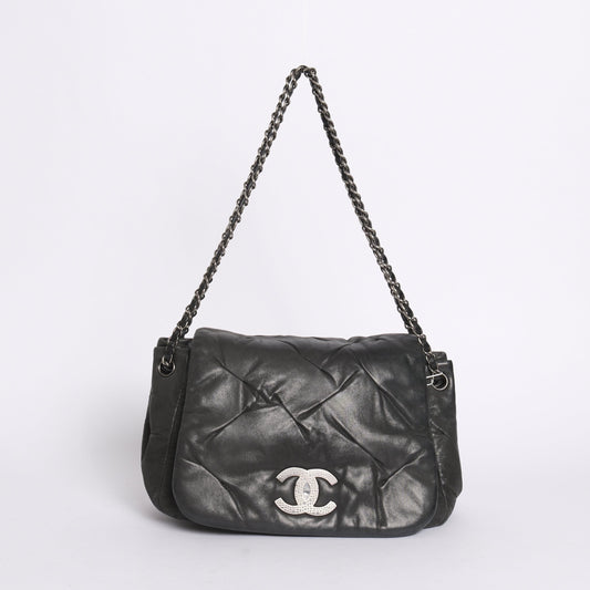 Chanel Black Lambskin Leather Iridescent CC Glint Accordion Flap