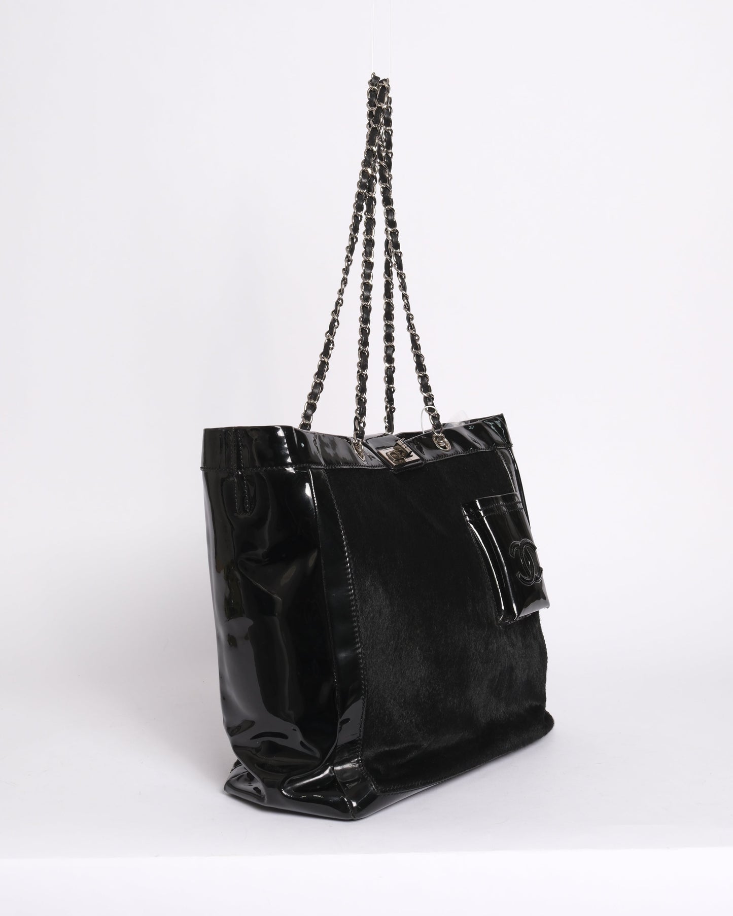 Chanel 2005 Black Patent Leather Chain Shoulder Tote
