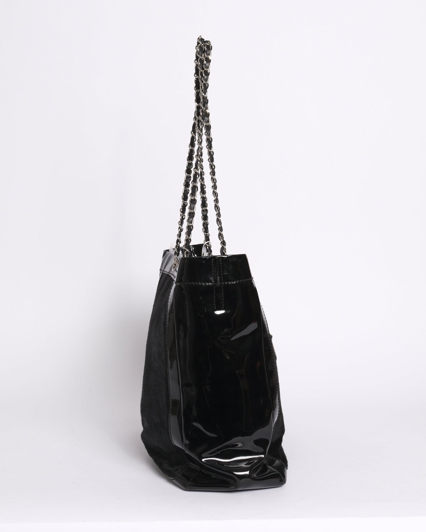 Chanel 2005 Black Patent Leather Chain Shoulder Tote