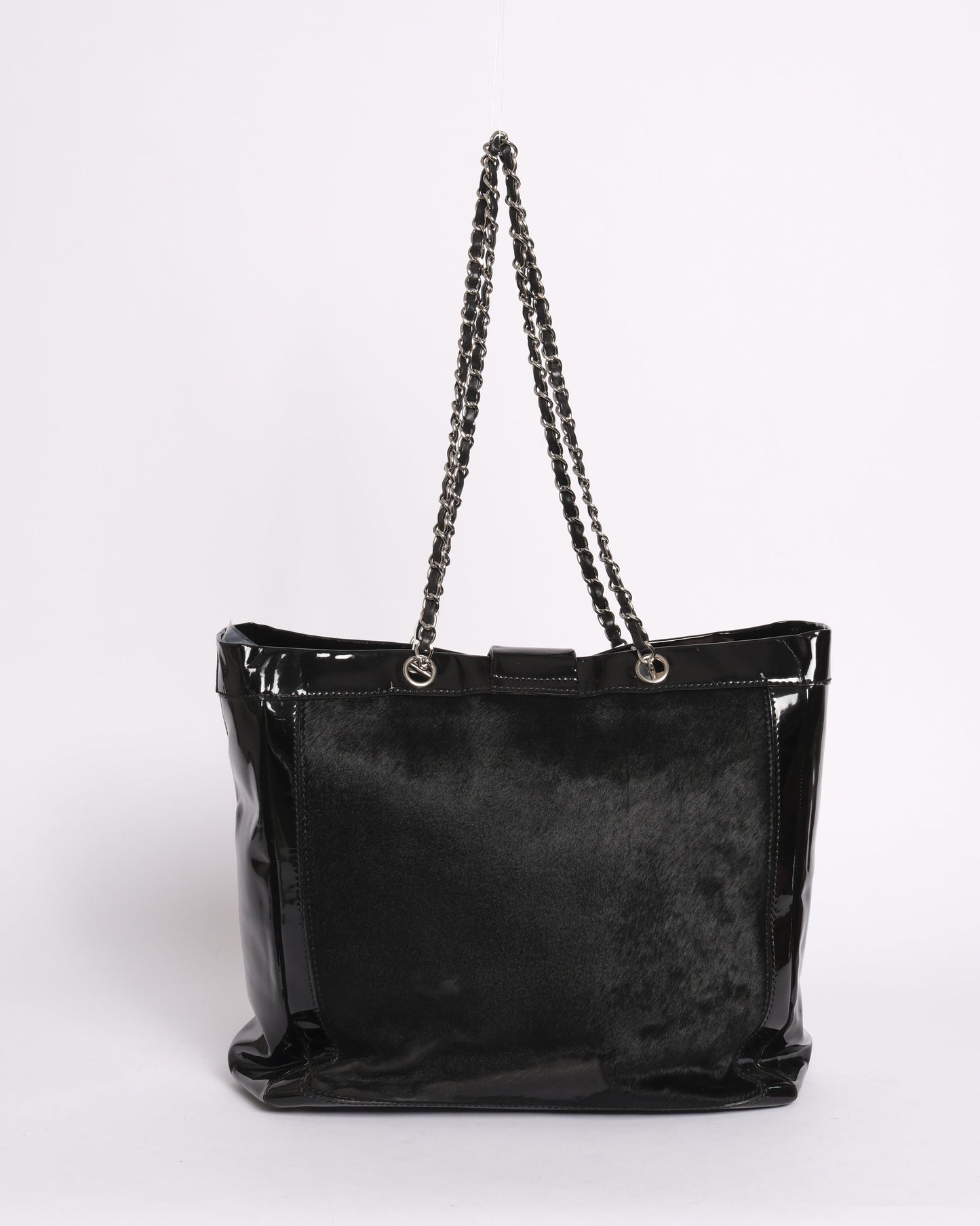 Chanel 2005 Black Patent Leather Chain Shoulder Tote