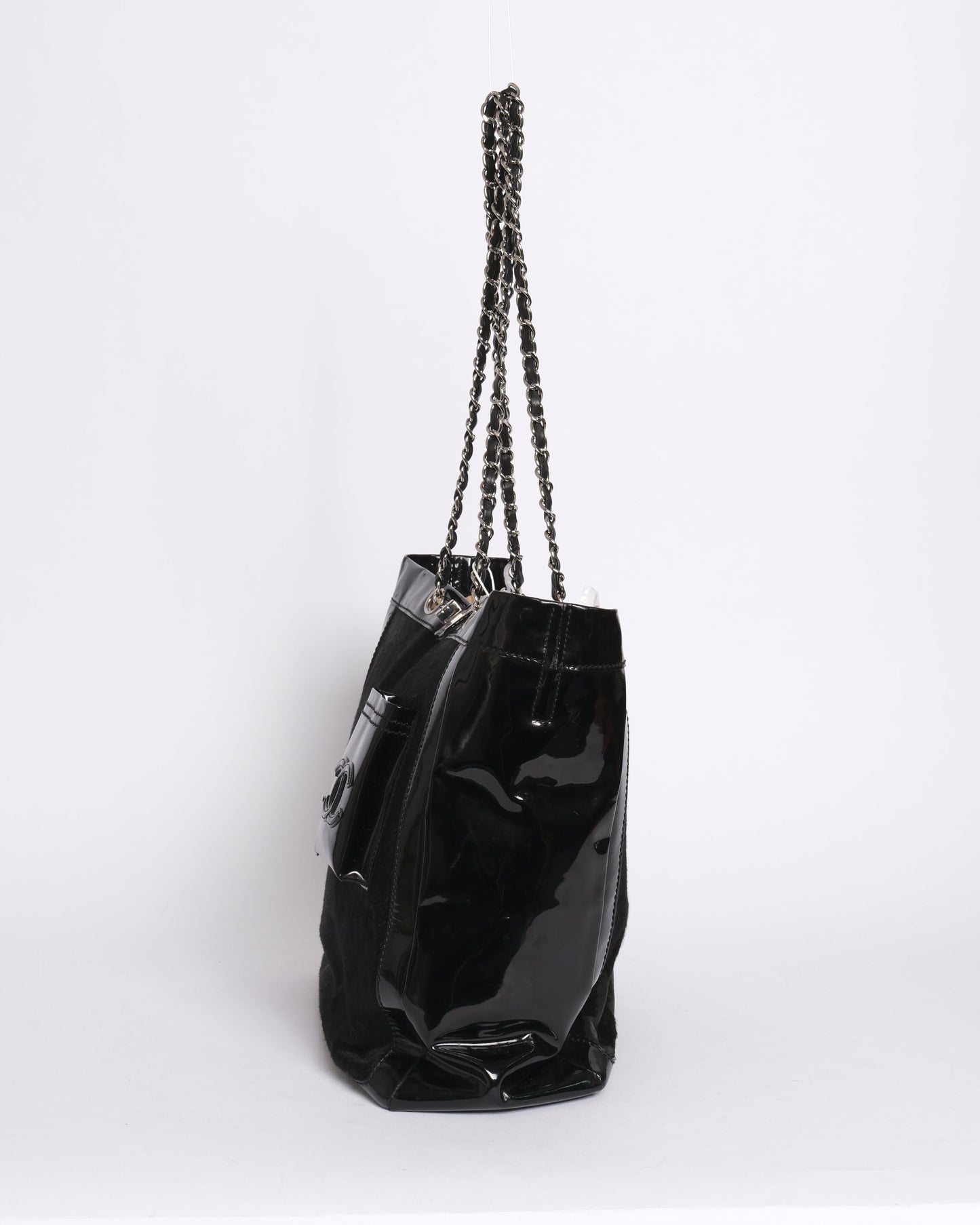 Chanel 2005 Black Patent Leather Chain Shoulder Tote