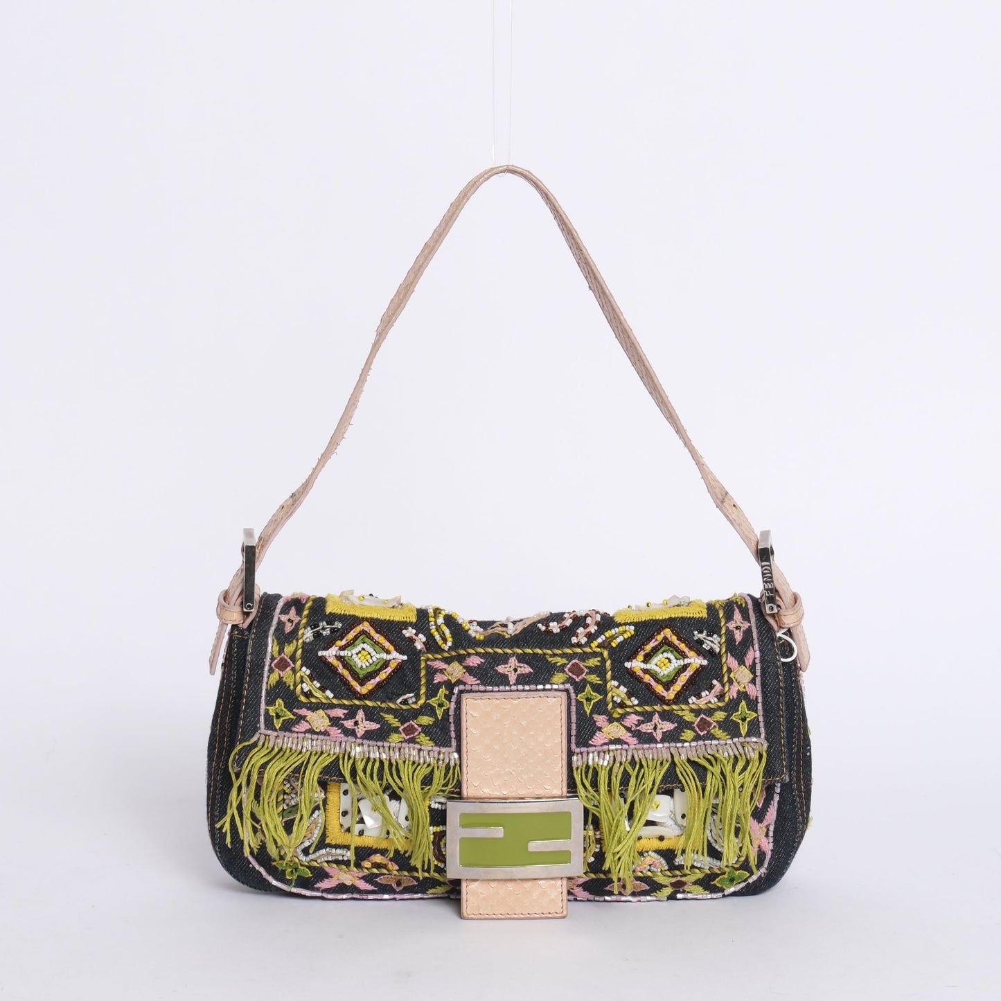 Fendi Denim Embroidered & Python Trim Fringe Baguette