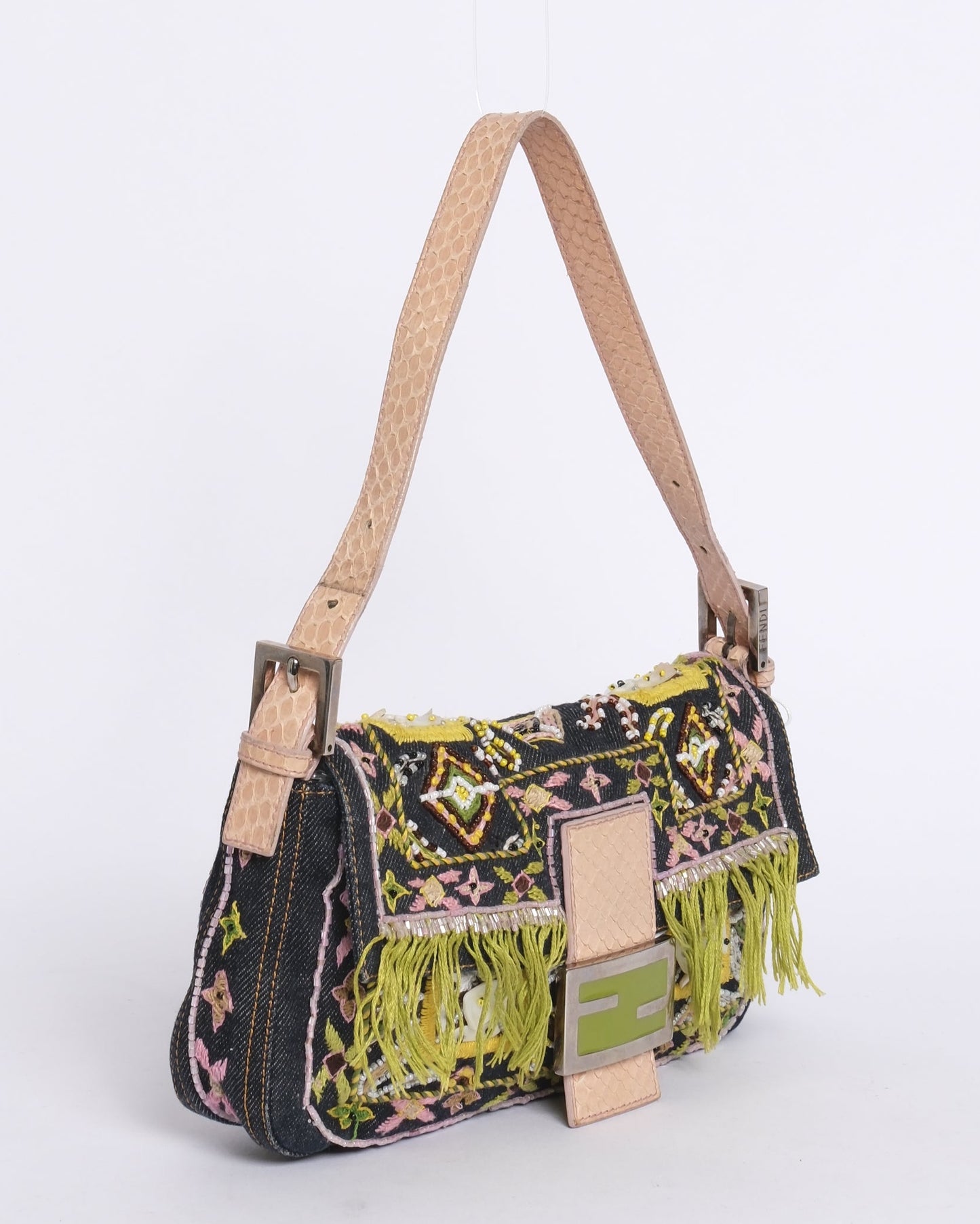 Fendi Denim Embroidered & Python Trim Fringe Baguette