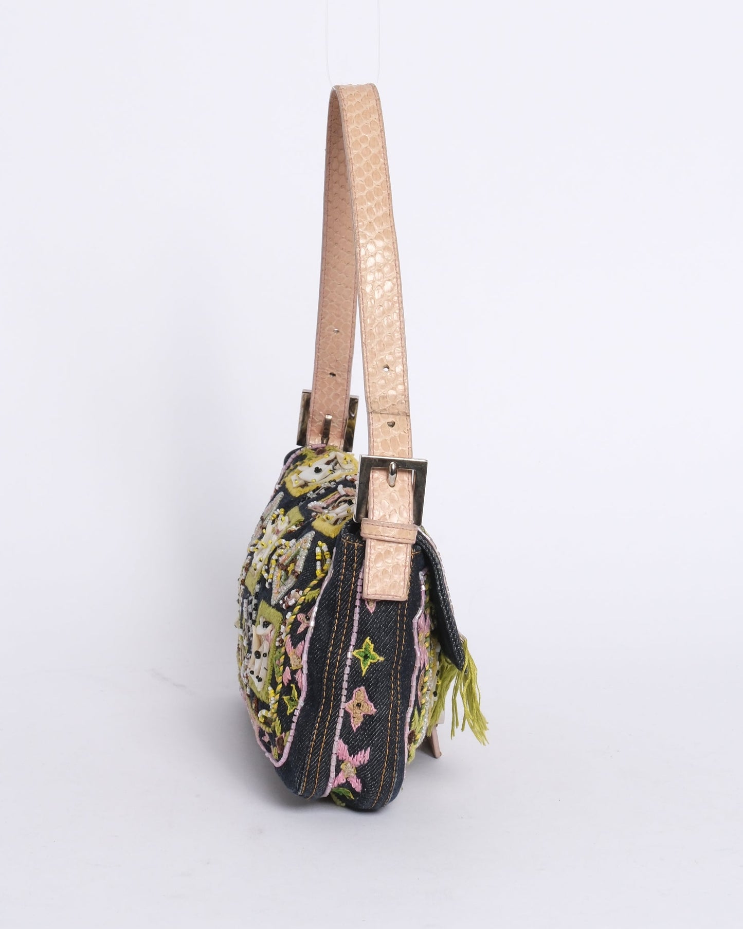 Fendi Denim Embroidered & Python Trim Fringe Baguette