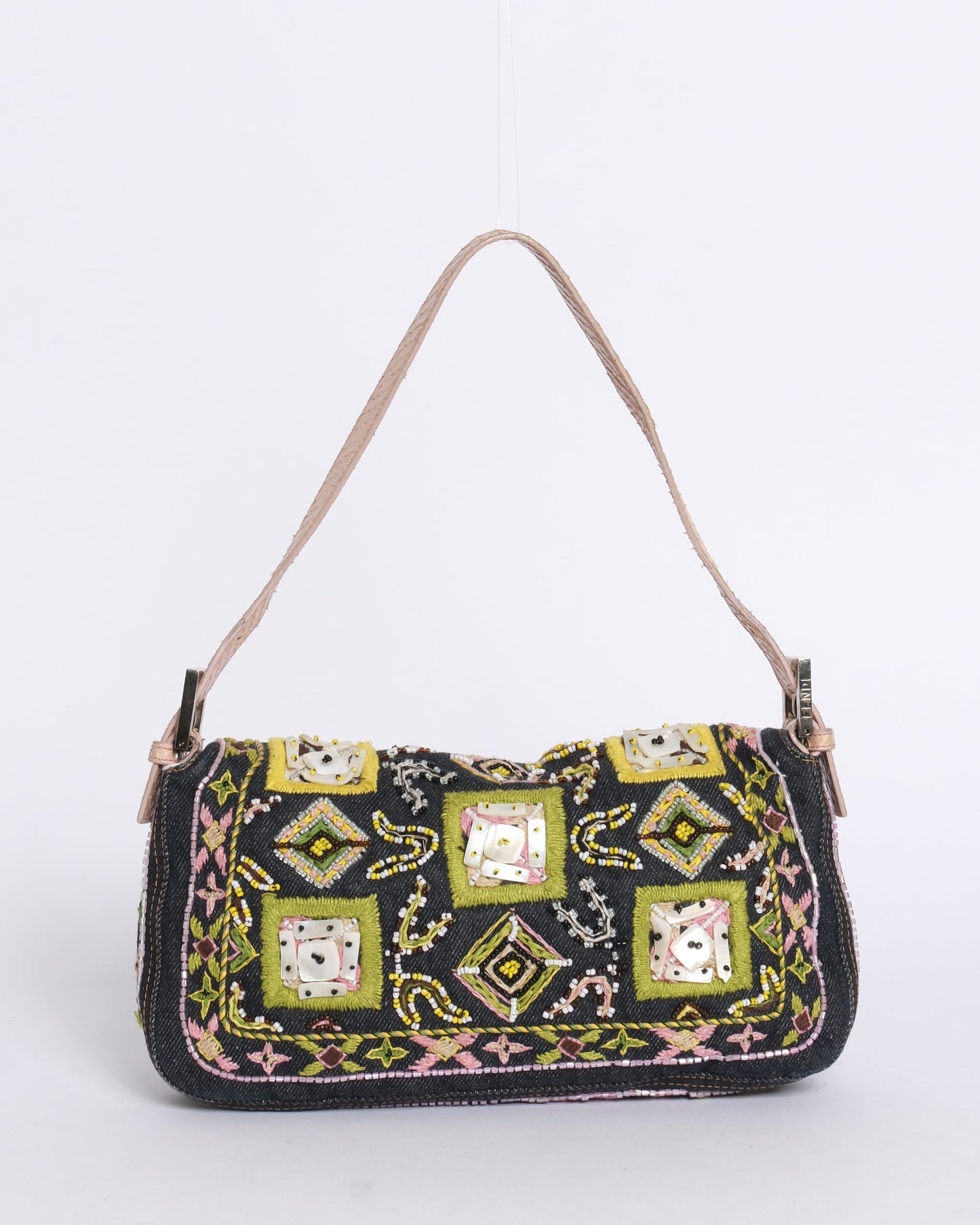 Fendi Denim Embroidered & Python Trim Fringe Baguette