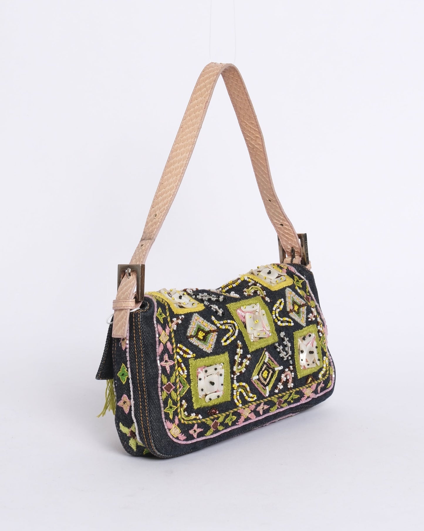 Fendi Denim Embroidered & Python Trim Fringe Baguette