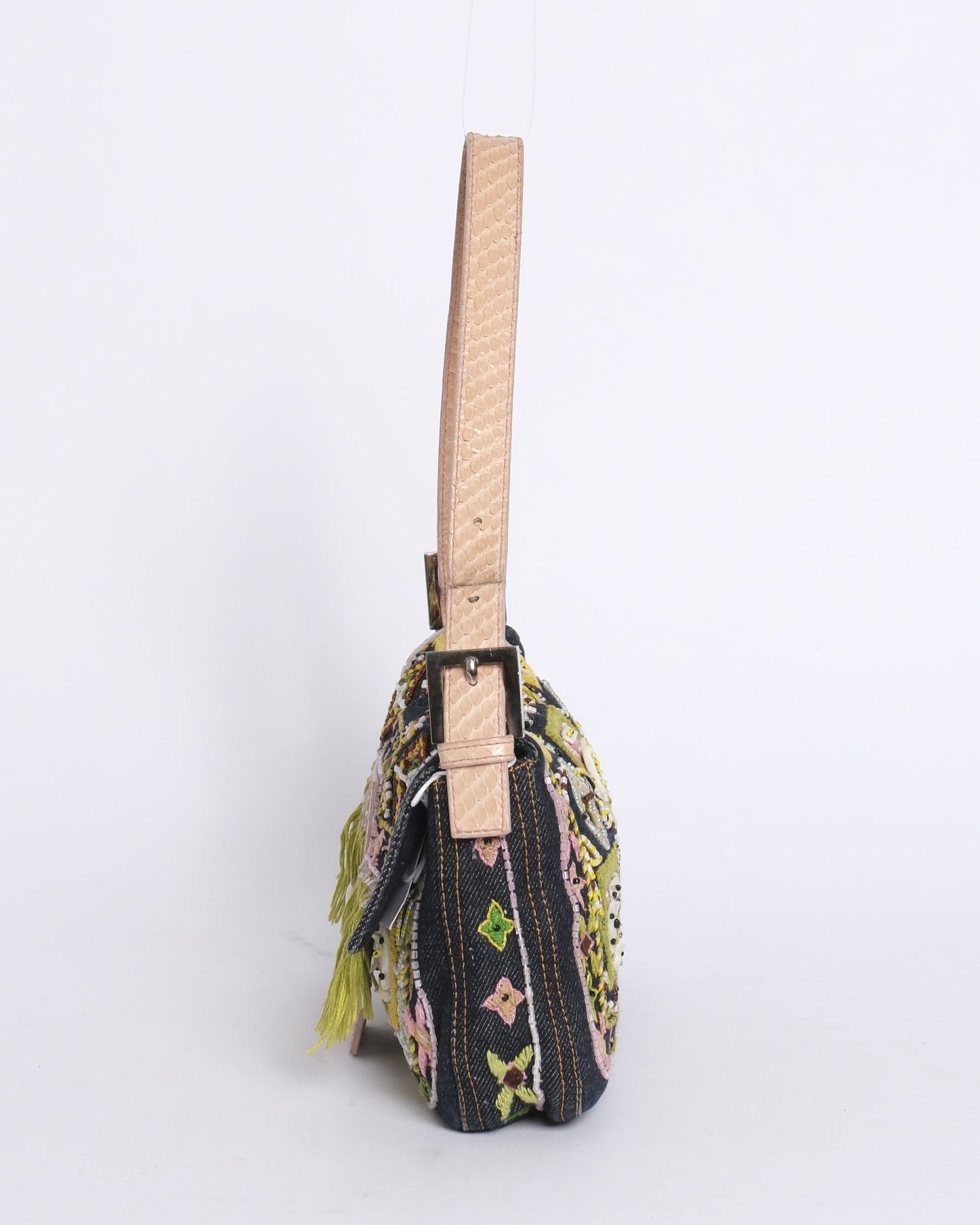 Fendi Denim Embroidered & Python Trim Fringe Baguette
