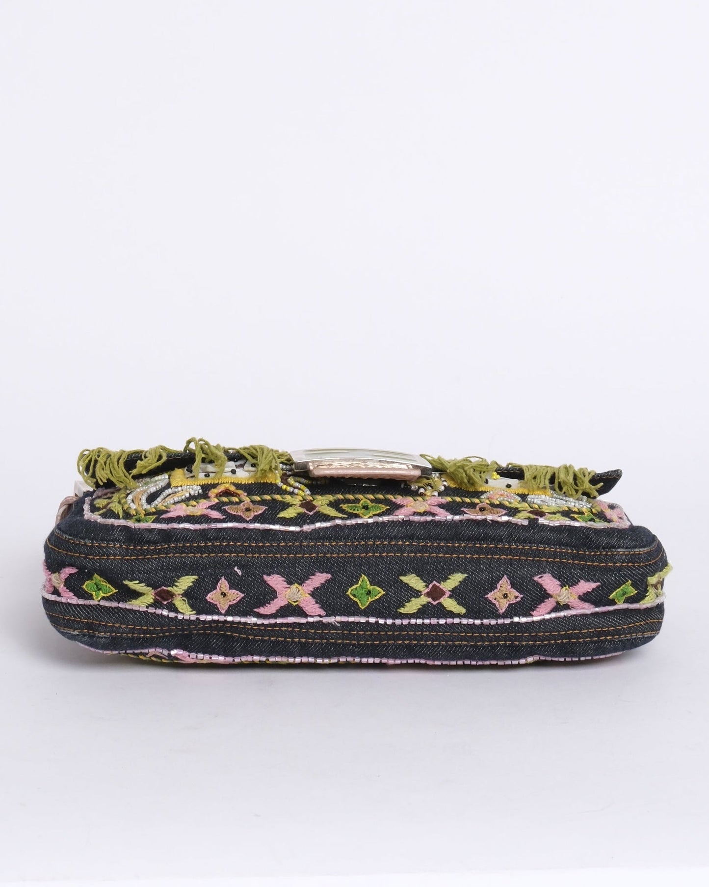 Fendi Denim Embroidered & Python Trim Fringe Baguette