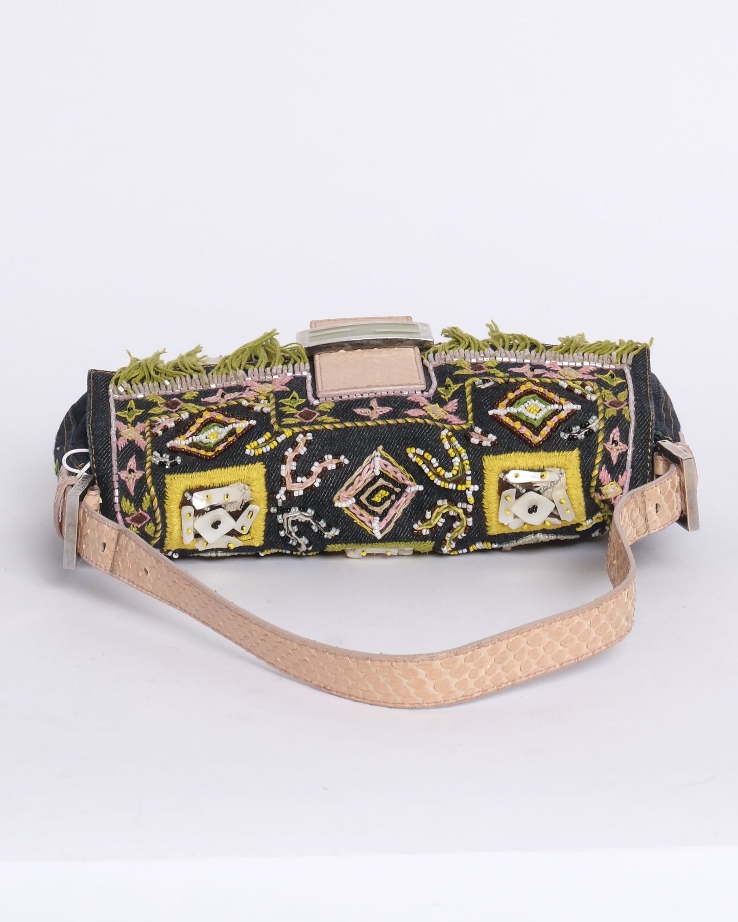 Fendi Denim Embroidered & Python Trim Fringe Baguette