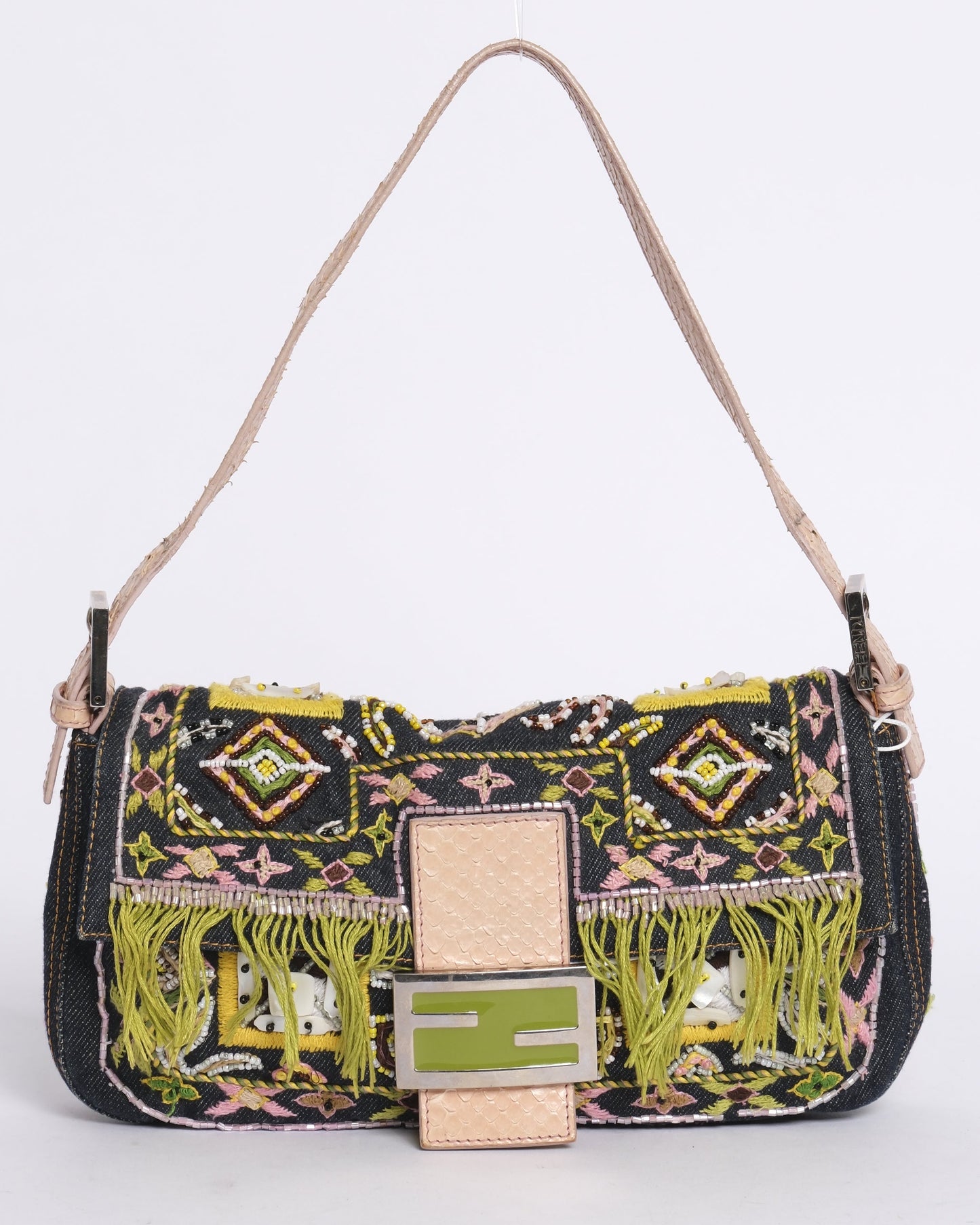 Fendi Denim Embroidered & Python Trim Fringe Baguette