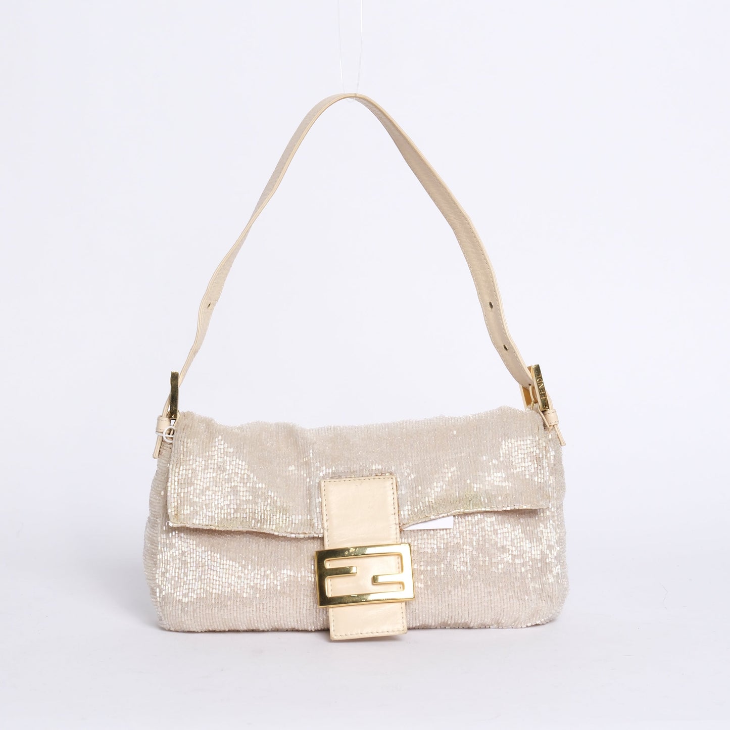 Fendi White Beaded & Leather Baguette Shoulder Bag GHW
