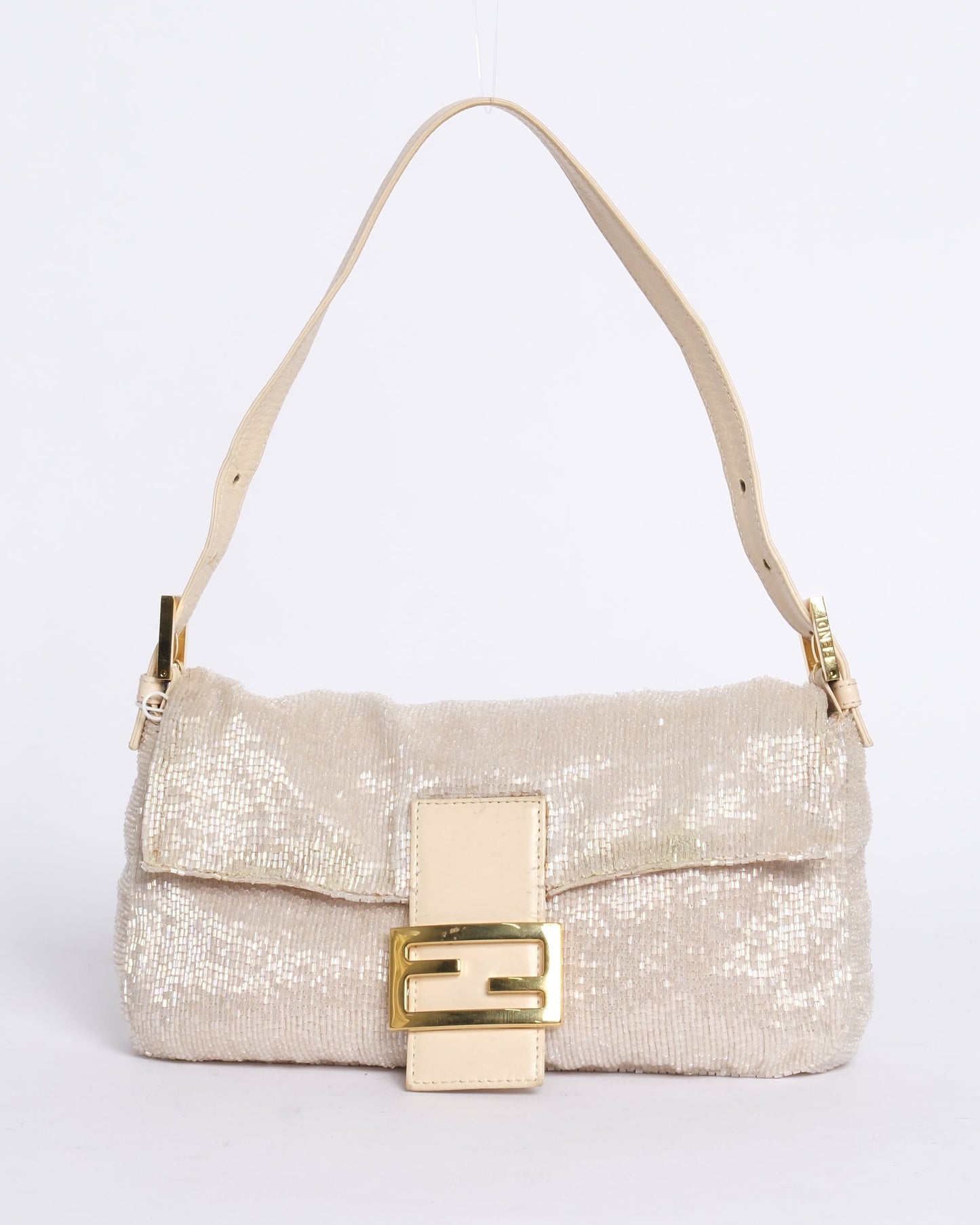Fendi White Beaded & Leather Baguette Shoulder Bag GHW
