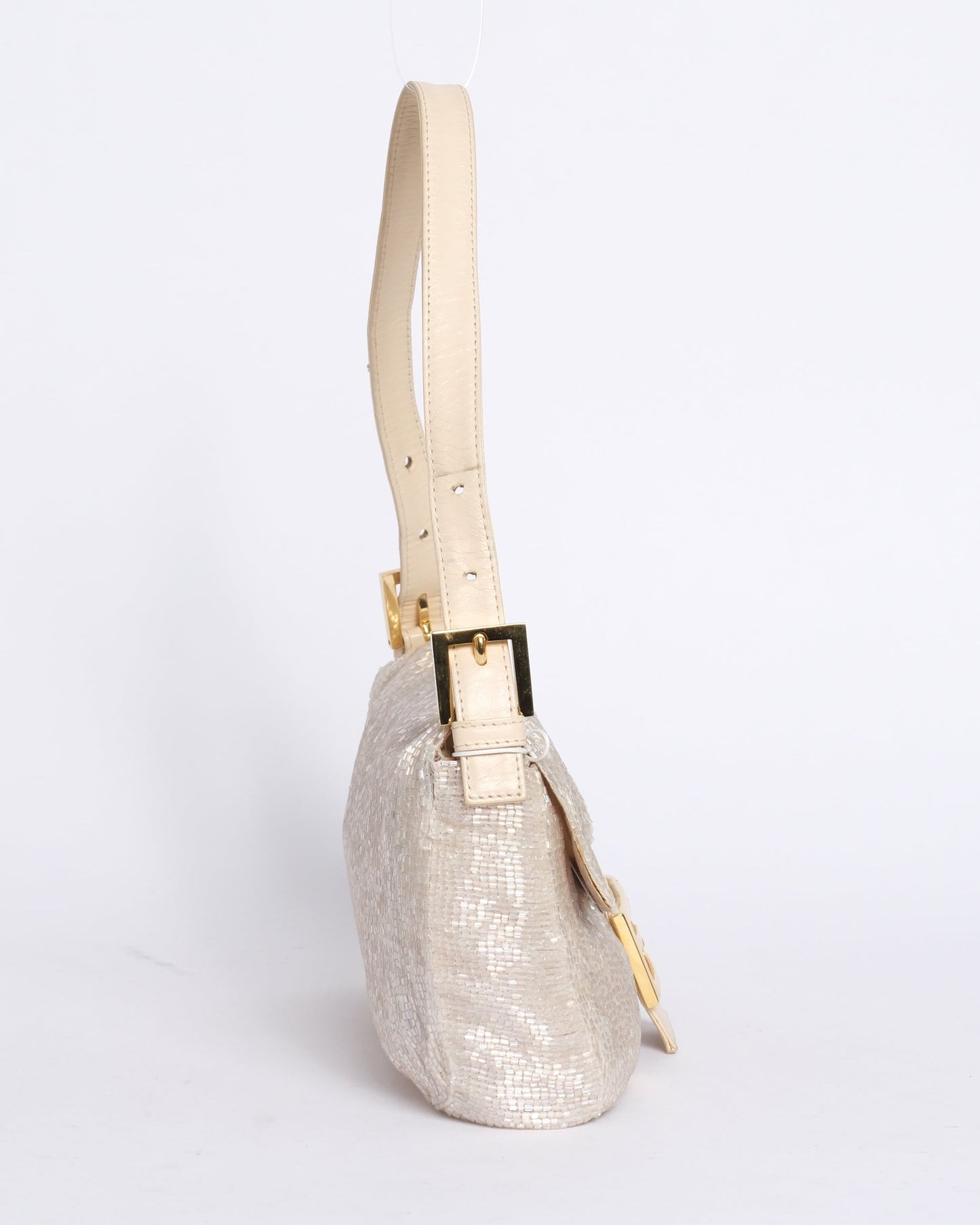Fendi White Beaded & Leather Baguette Shoulder Bag GHW