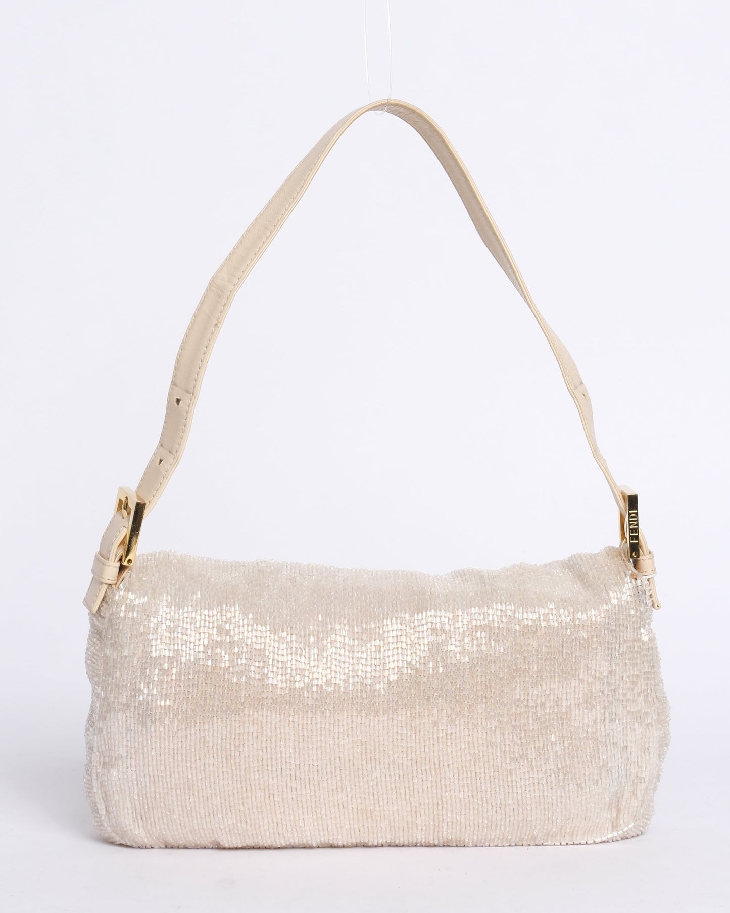 Fendi White Beaded & Leather Baguette Shoulder Bag GHW