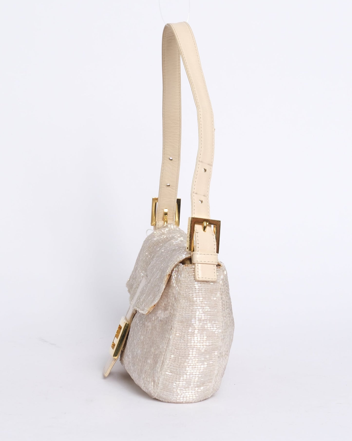 Fendi White Beaded & Leather Baguette Shoulder Bag GHW
