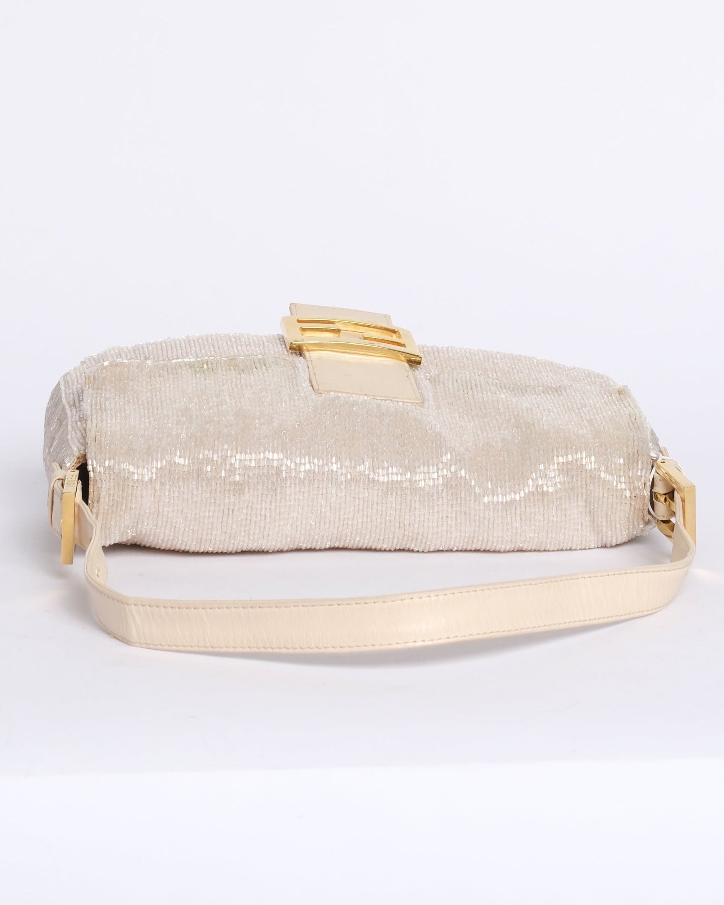 Fendi White Beaded & Leather Baguette Shoulder Bag GHW