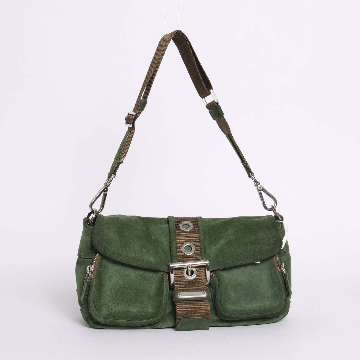 Prada Green & Brown Suede Buckle Flap Shoulder Bag