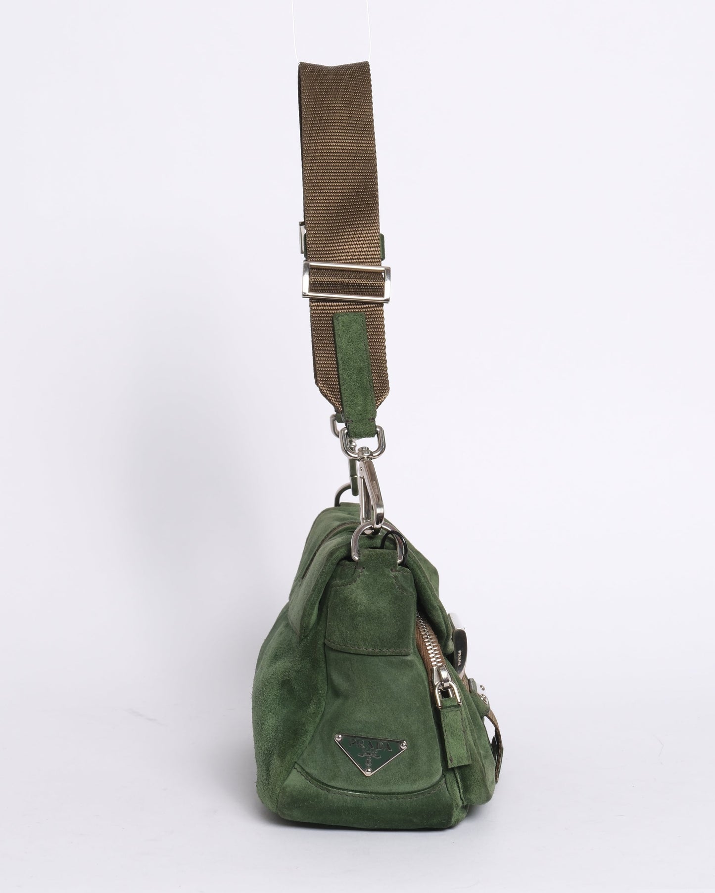 Prada Green & Brown Suede Buckle Flap Shoulder Bag