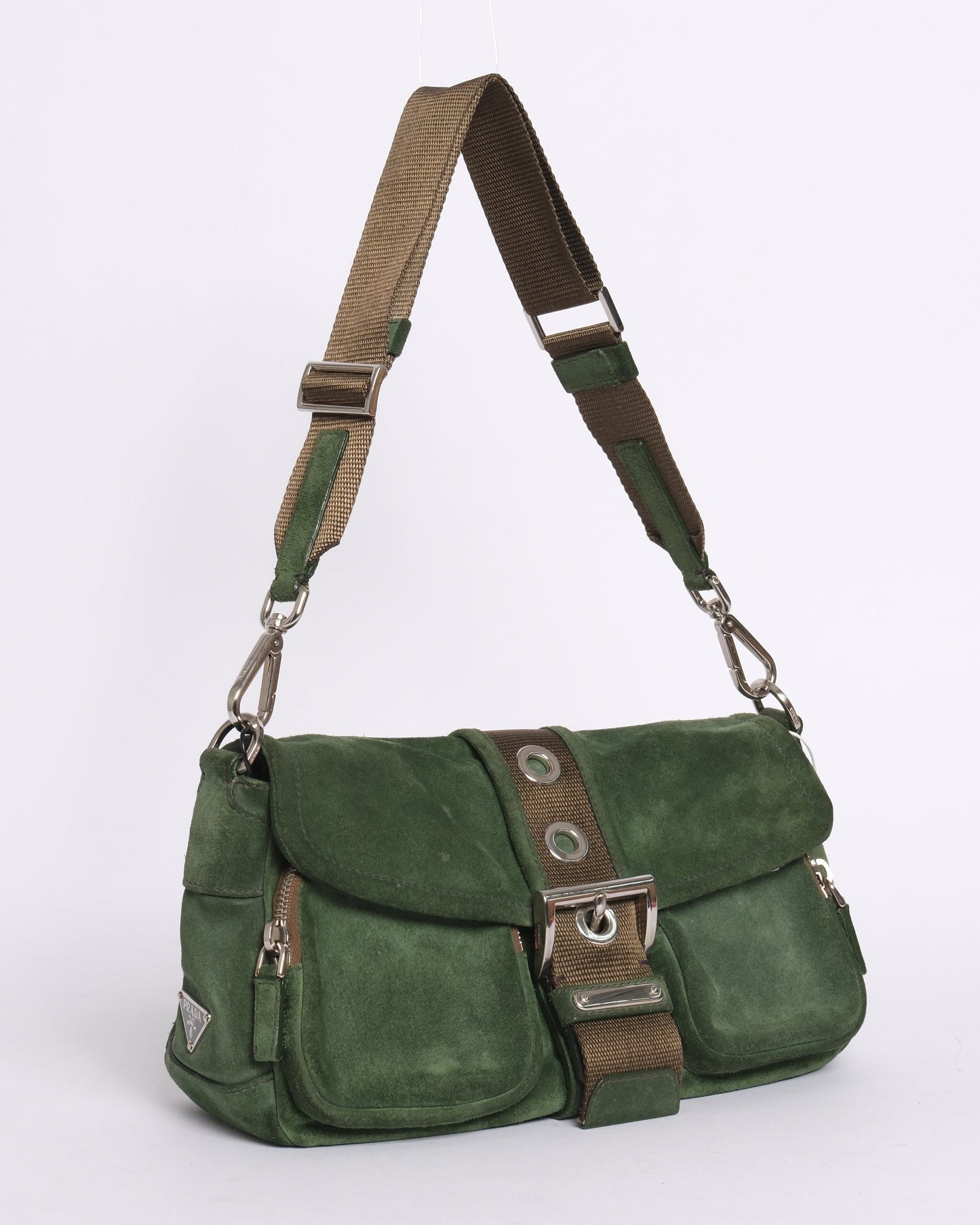 Prada Green & Brown Suede Buckle Flap Shoulder Bag